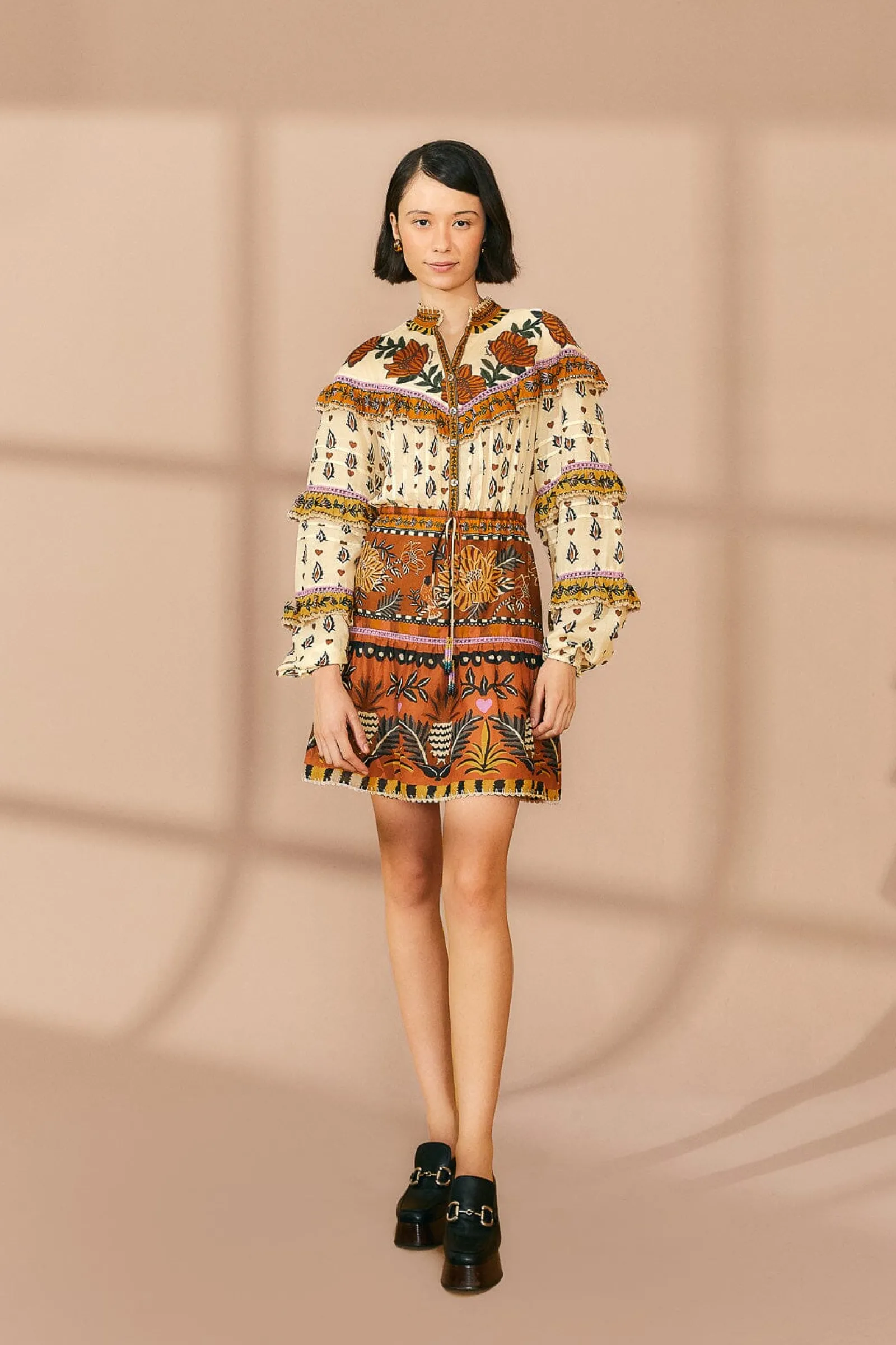 BEIGE AINIKA FLORAL RUFFLE MINI DRESS