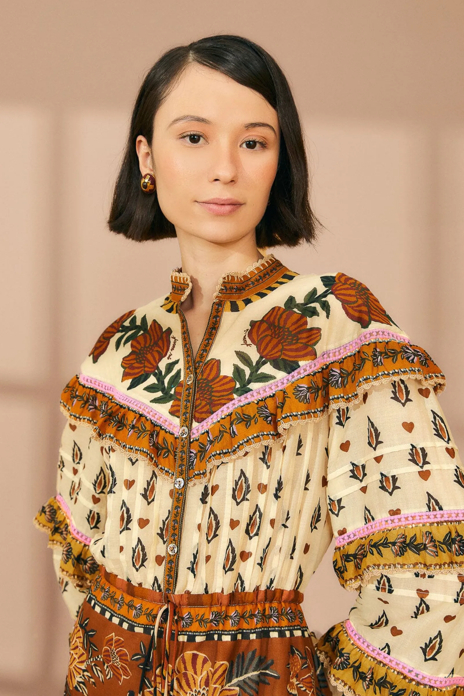 BEIGE AINIKA FLORAL RUFFLE MINI DRESS