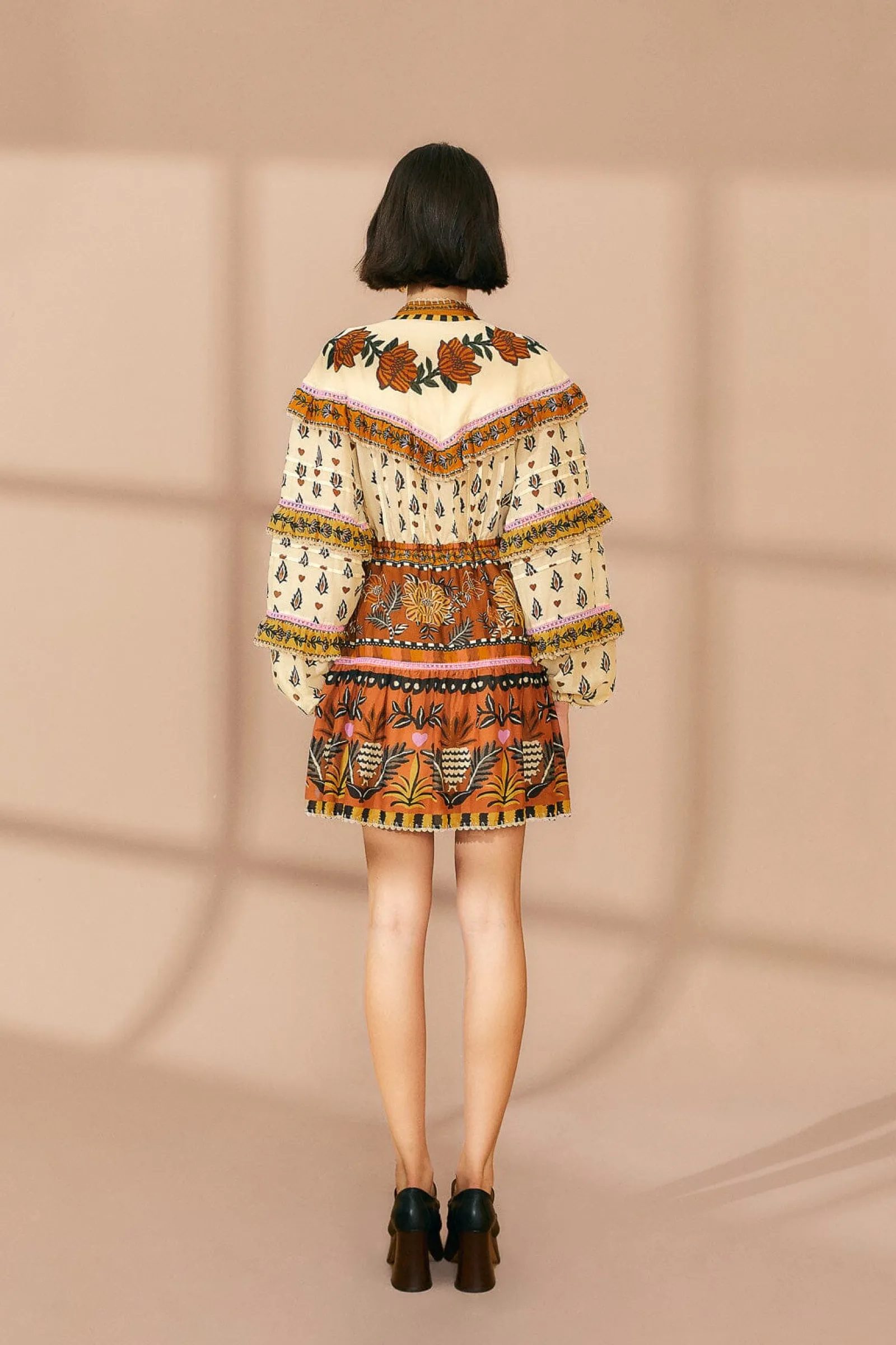 BEIGE AINIKA FLORAL RUFFLE MINI DRESS