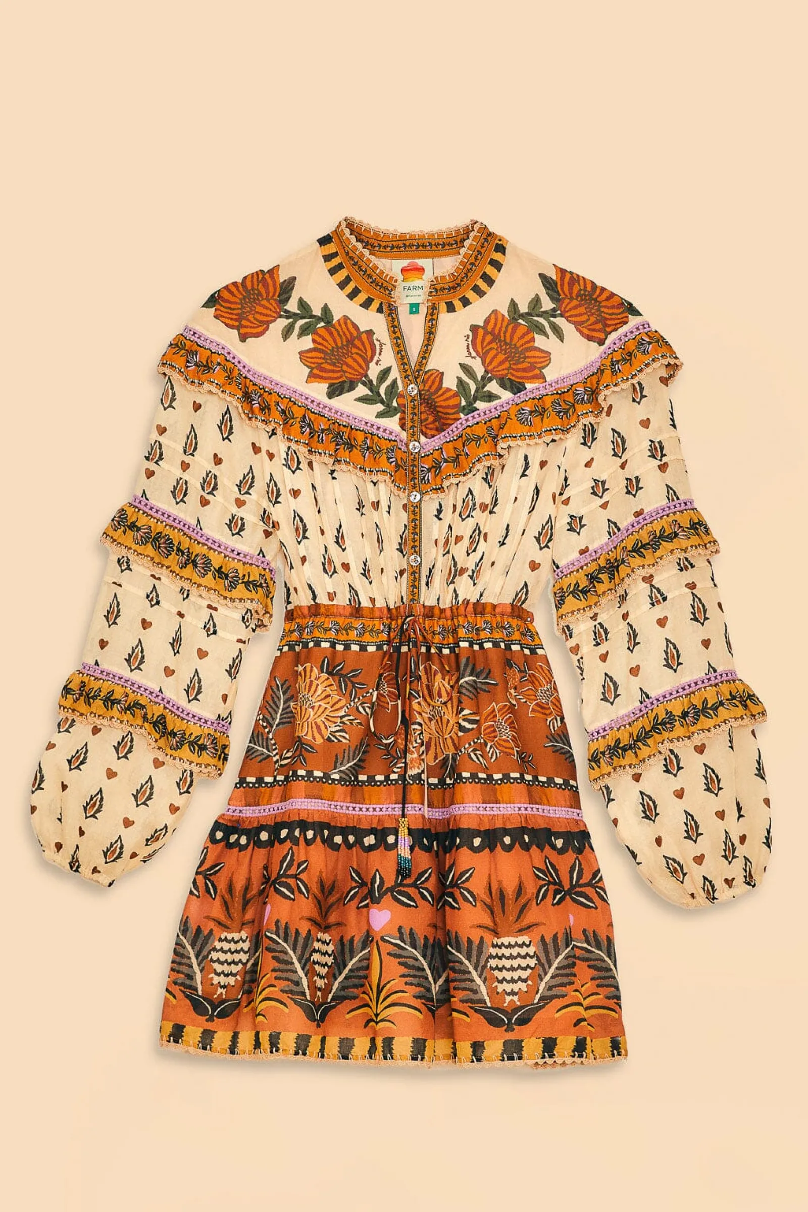 BEIGE AINIKA FLORAL RUFFLE MINI DRESS