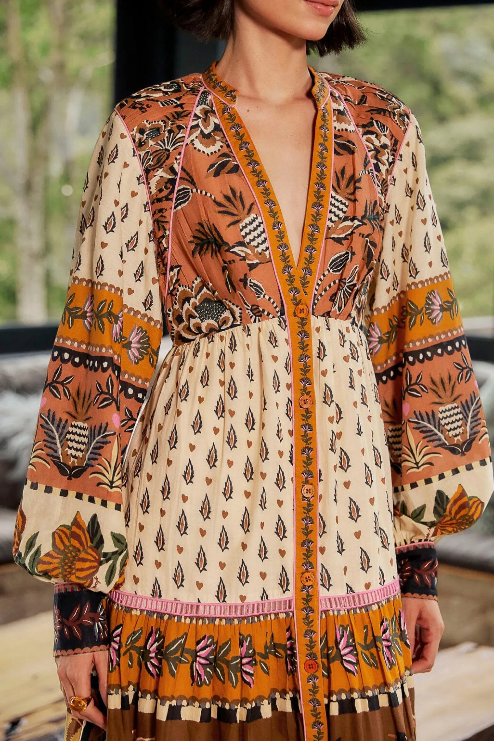 BEIGE AINIKA FLORAL V NECK MIDI DRESS