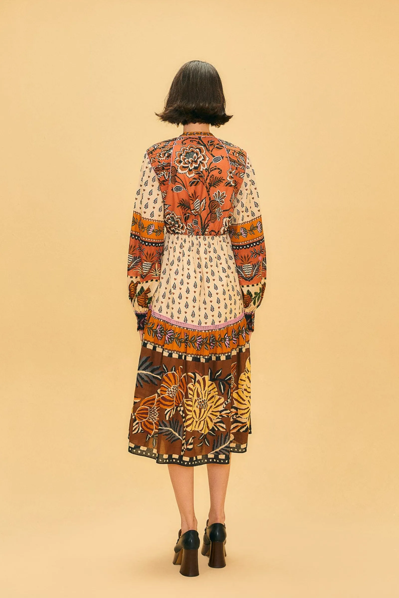 BEIGE AINIKA FLORAL V NECK MIDI DRESS