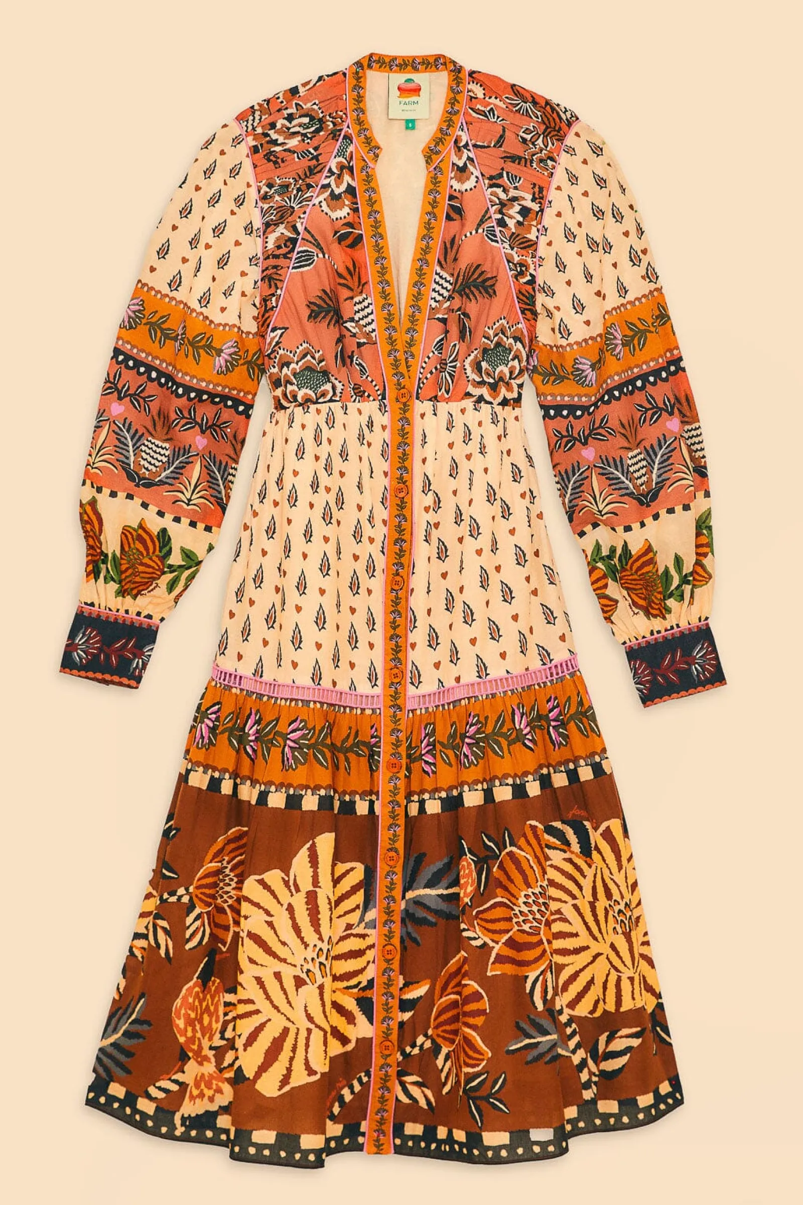 BEIGE AINIKA FLORAL V NECK MIDI DRESS