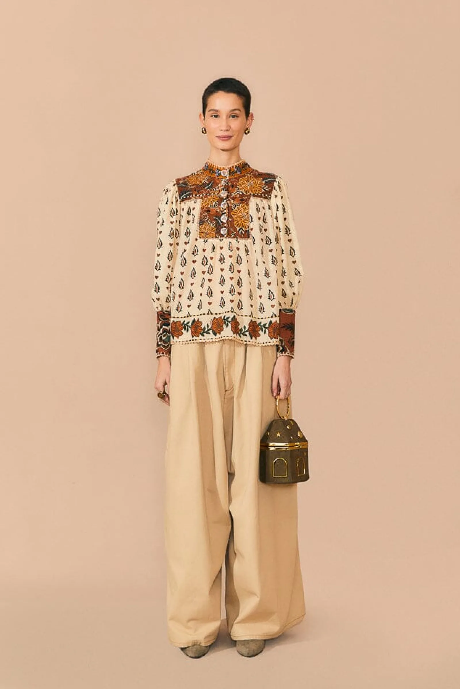 BEIGE AINIKA FLORAL LONG SLEEVE BLOUSE