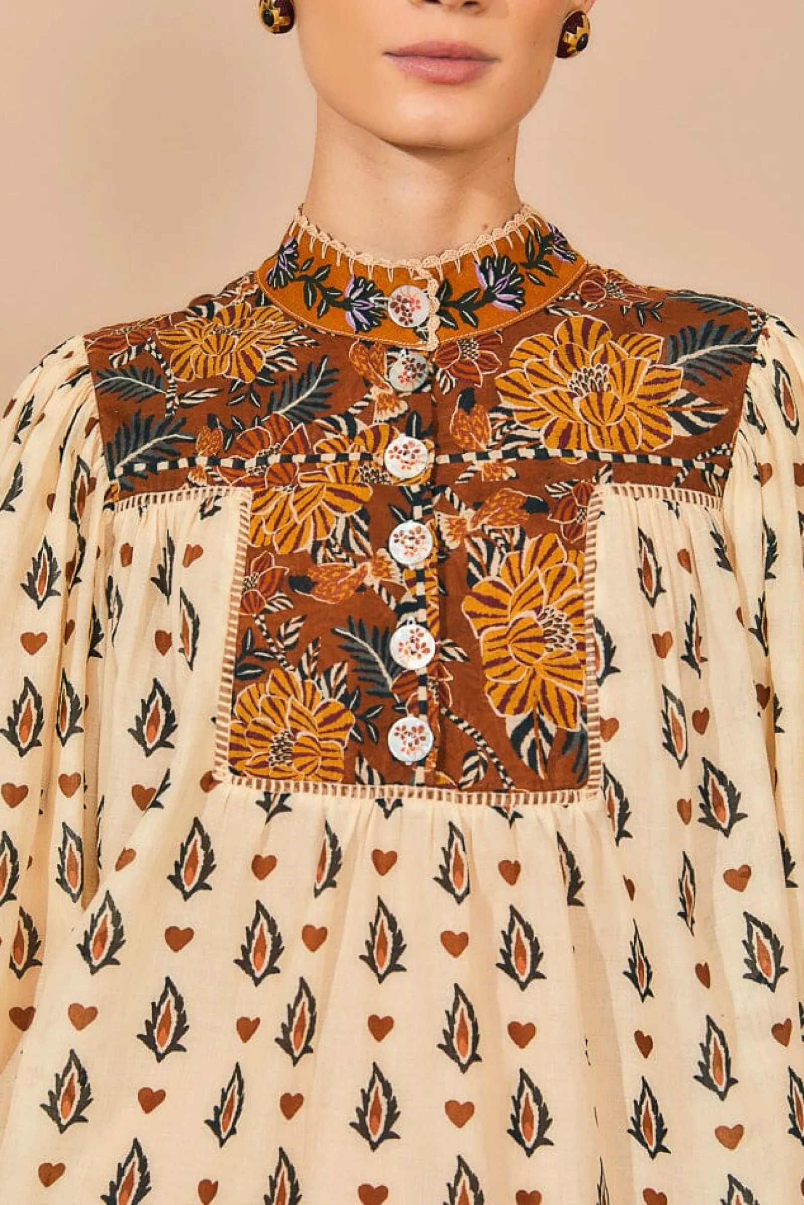 BEIGE AINIKA FLORAL LONG SLEEVE BLOUSE