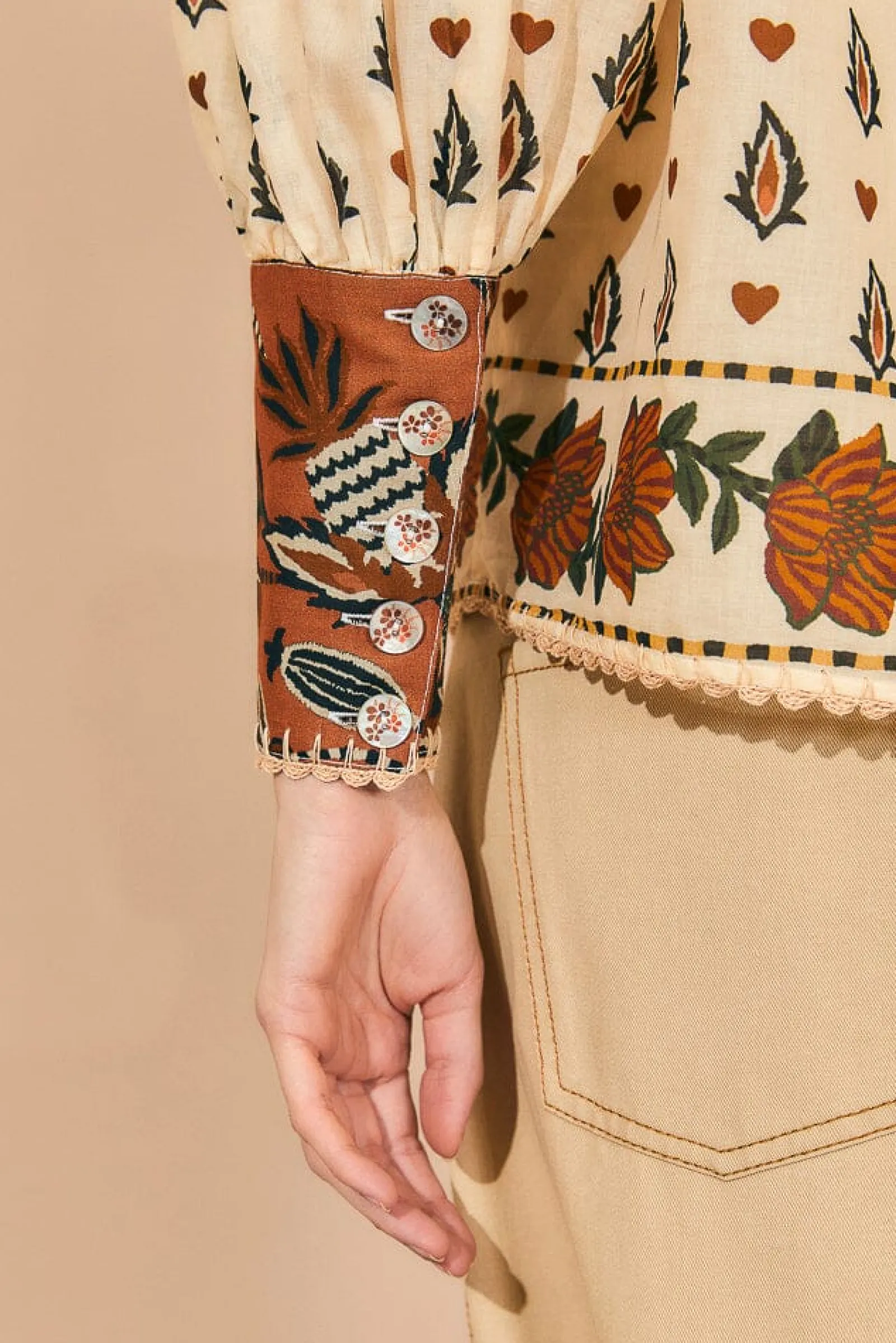 BEIGE AINIKA FLORAL LONG SLEEVE BLOUSE