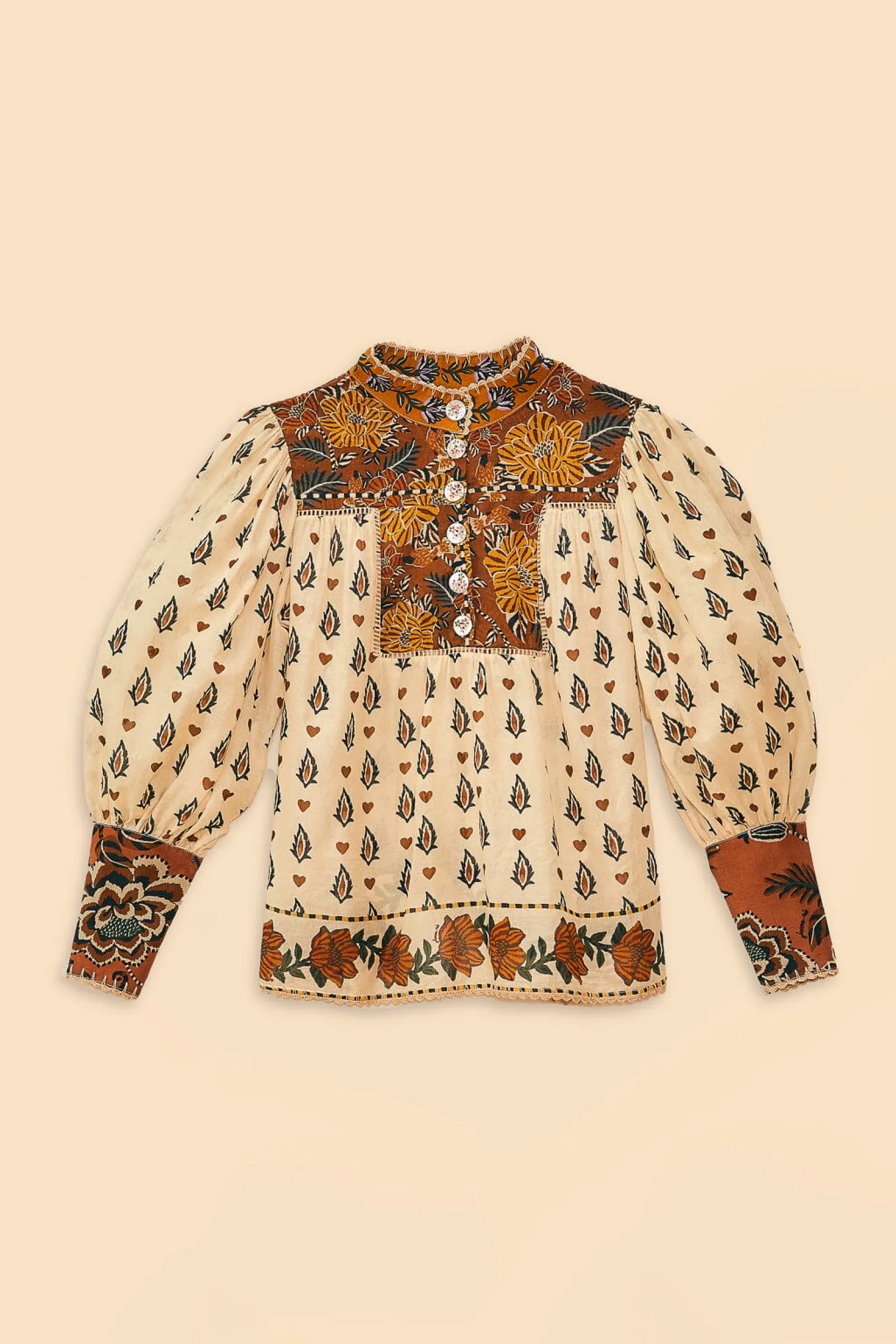 BEIGE AINIKA FLORAL LONG SLEEVE BLOUSE