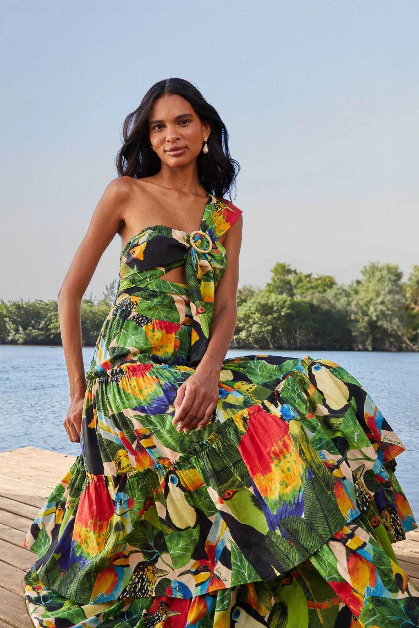 BIRD LEAVES SAND ONE SHOULDER MAXI DRESS