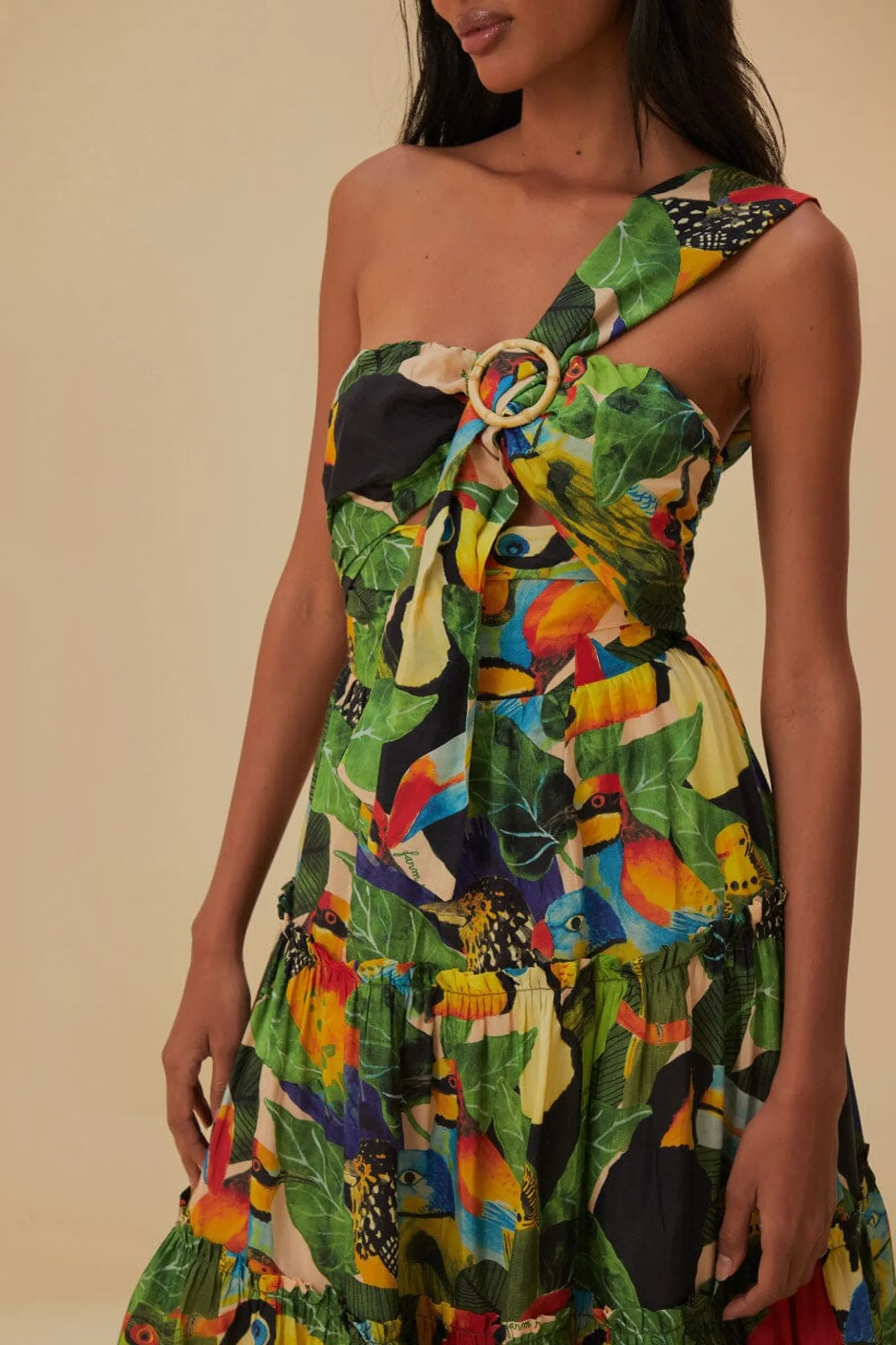 BIRD LEAVES SAND ONE SHOULDER MAXI DRESS