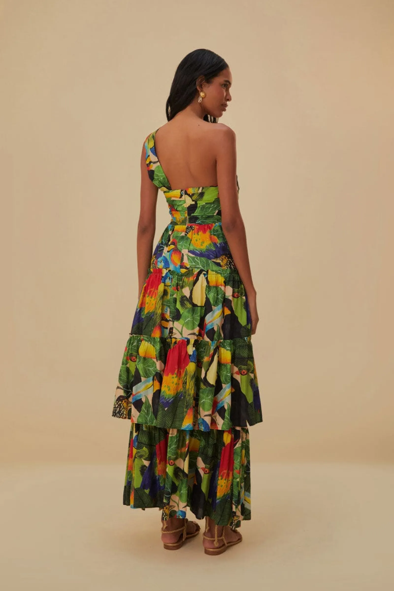 BIRD LEAVES SAND ONE SHOULDER MAXI DRESS