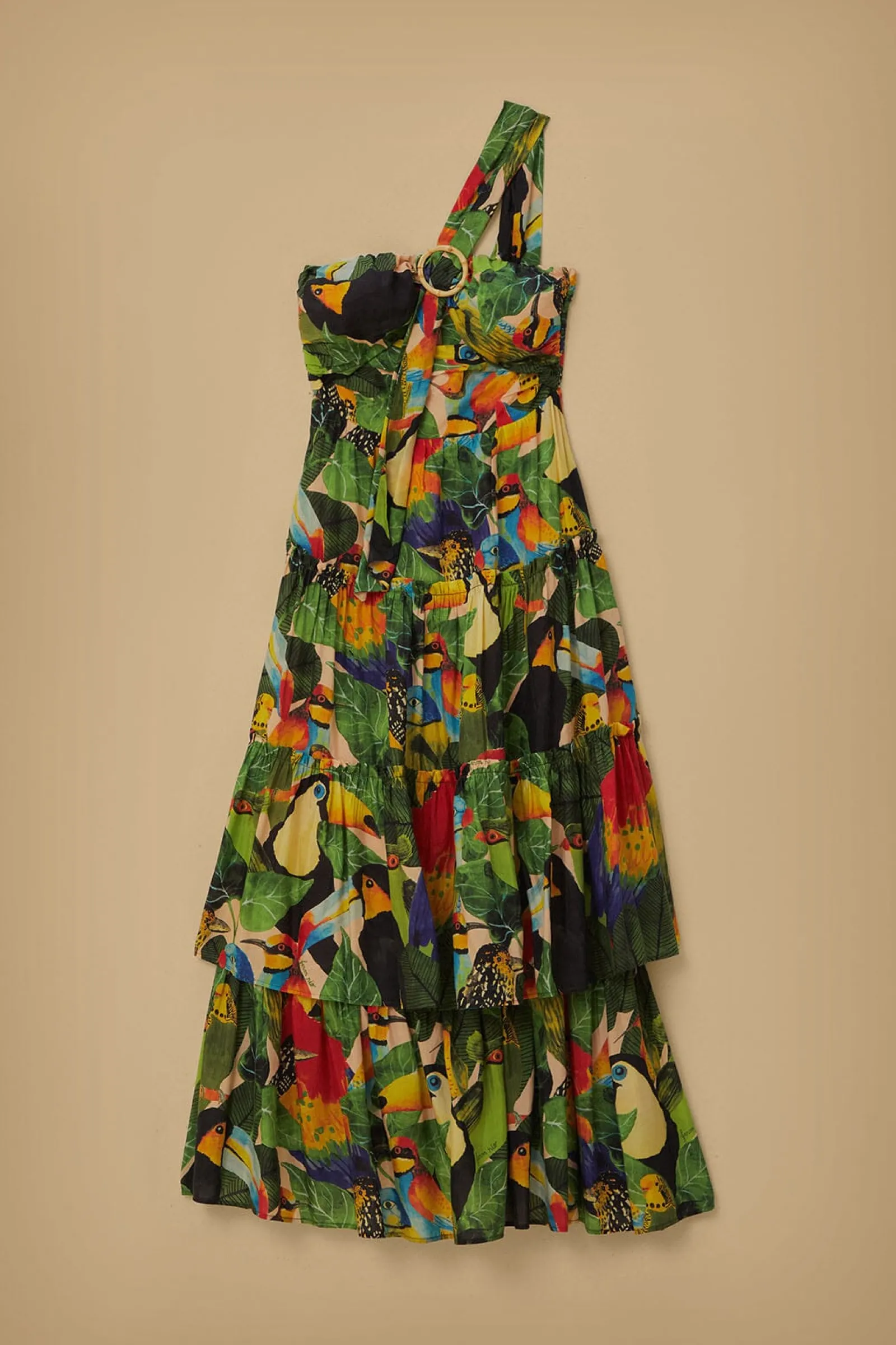 BIRD LEAVES SAND ONE SHOULDER MAXI DRESS