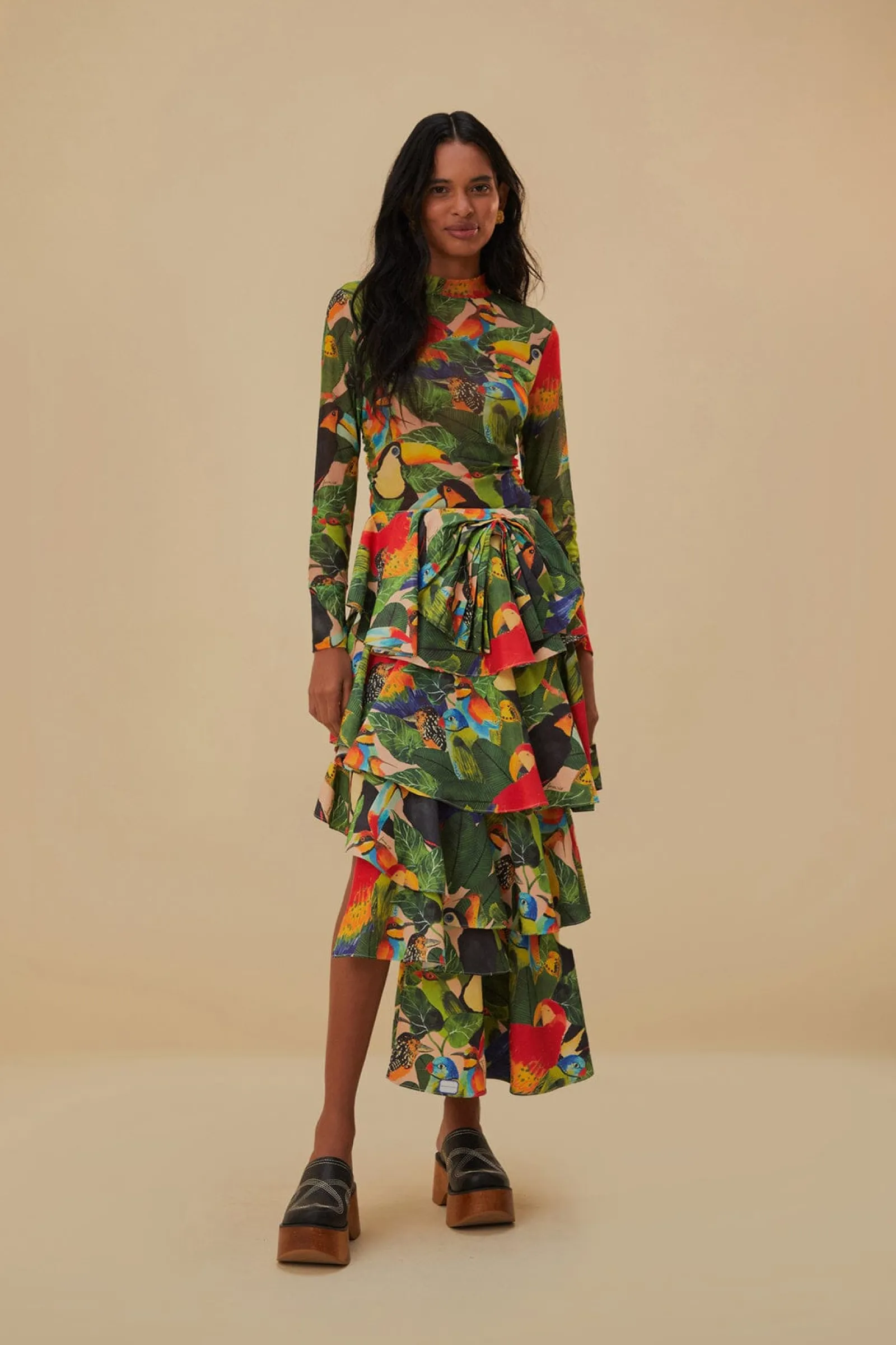  BIRD LEAVES SAND TIERED BOW DETAIL MAXI SKIRT