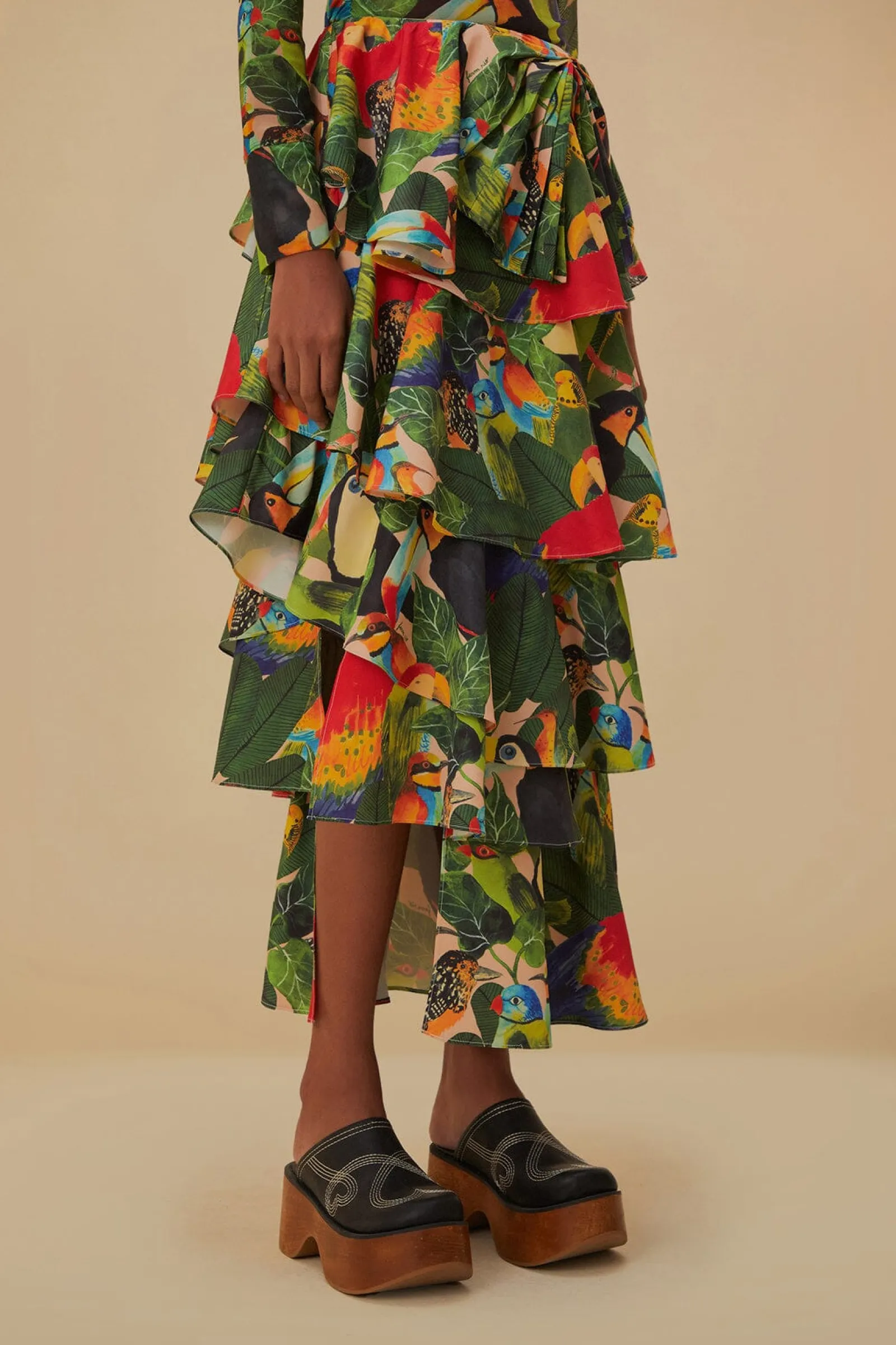 BIRD LEAVES SAND TIERED BOW DETAIL MAXI SKIRT