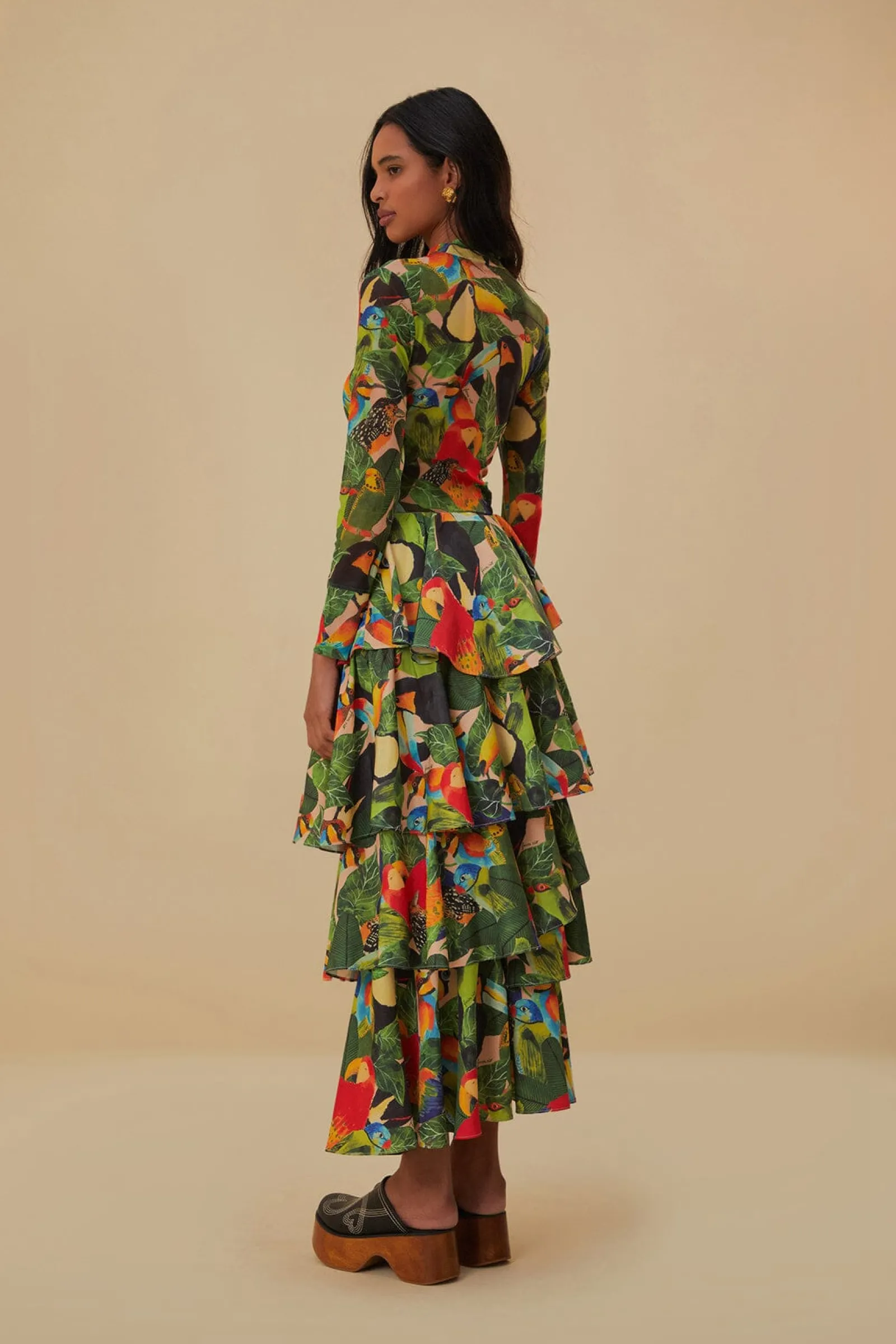 BIRD LEAVES SAND TIERED BOW DETAIL MAXI SKIRT