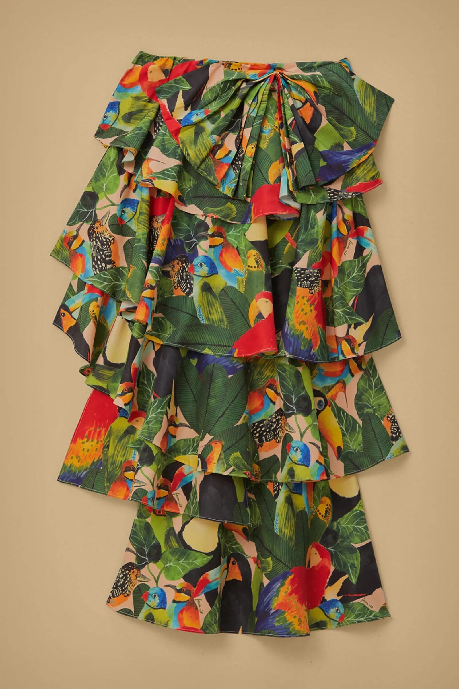 BIRD LEAVES SAND TIERED BOW DETAIL MAXI SKIRT