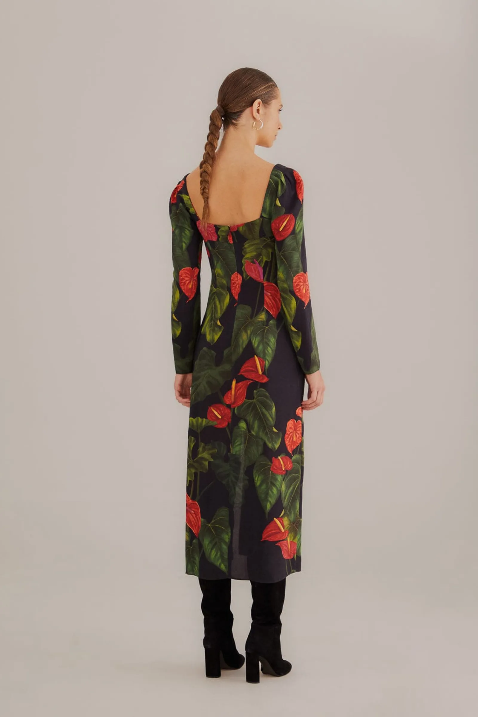 BLACK ANTHURIUM SLIT MIDI DRESS