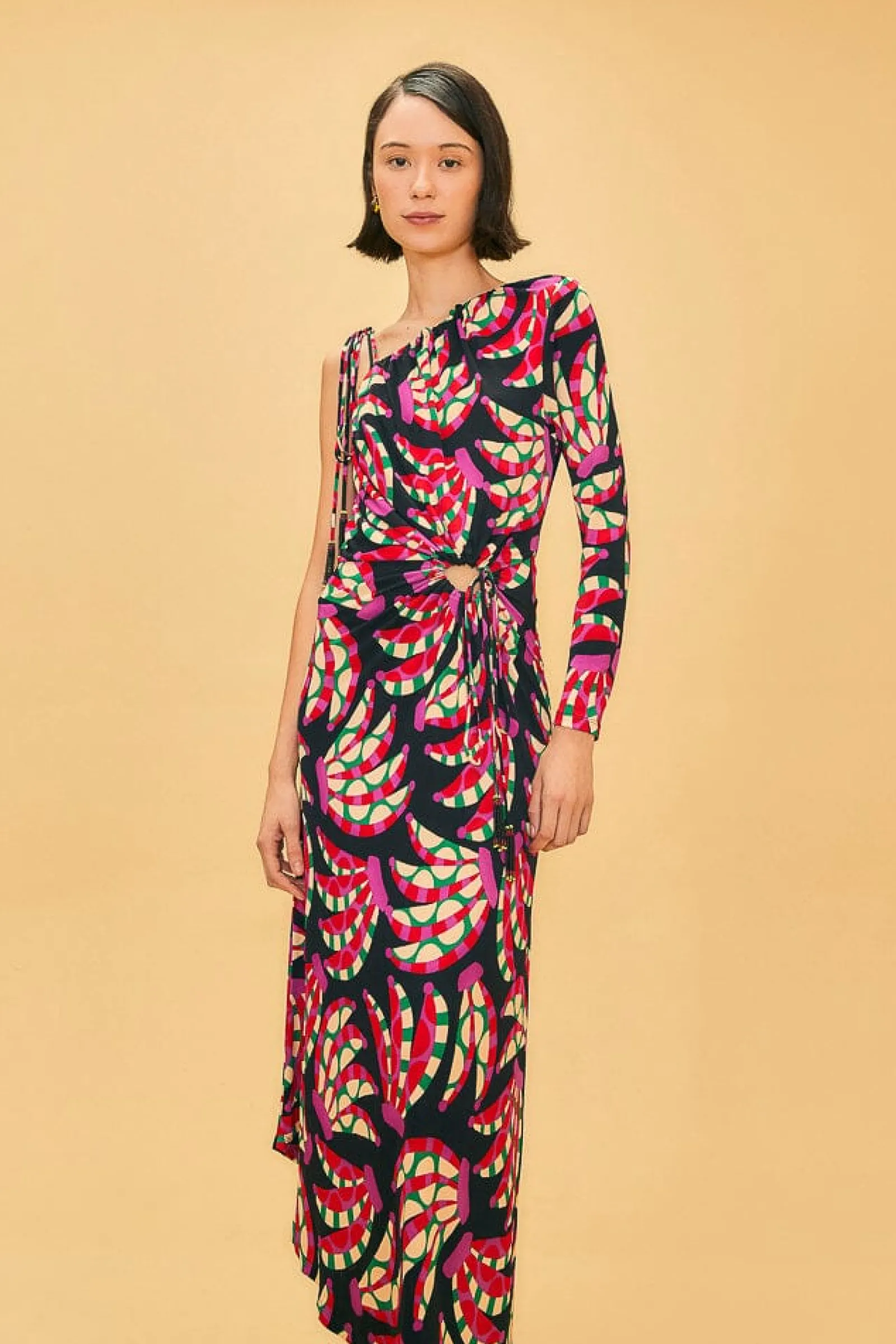  BLACK BANANA DOTS ONE SHOULDER MIDI DRESS