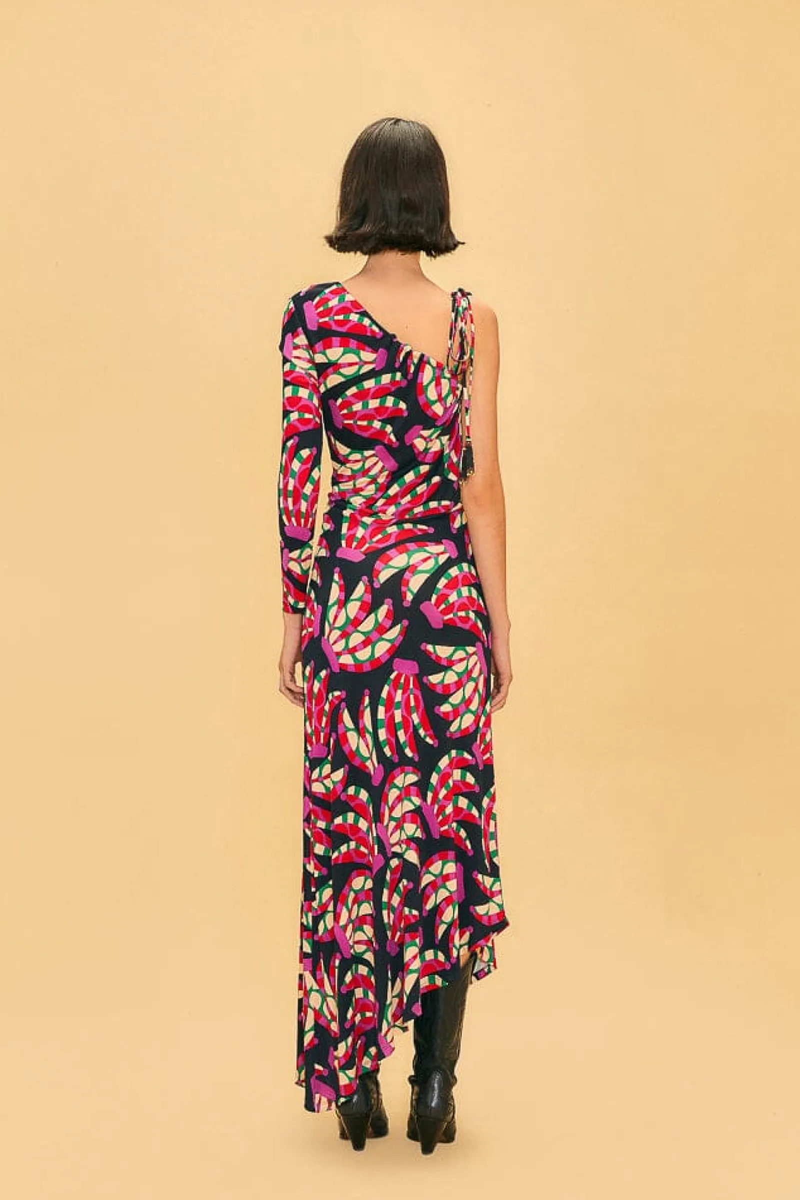 BLACK BANANA DOTS ONE SHOULDER MIDI DRESS