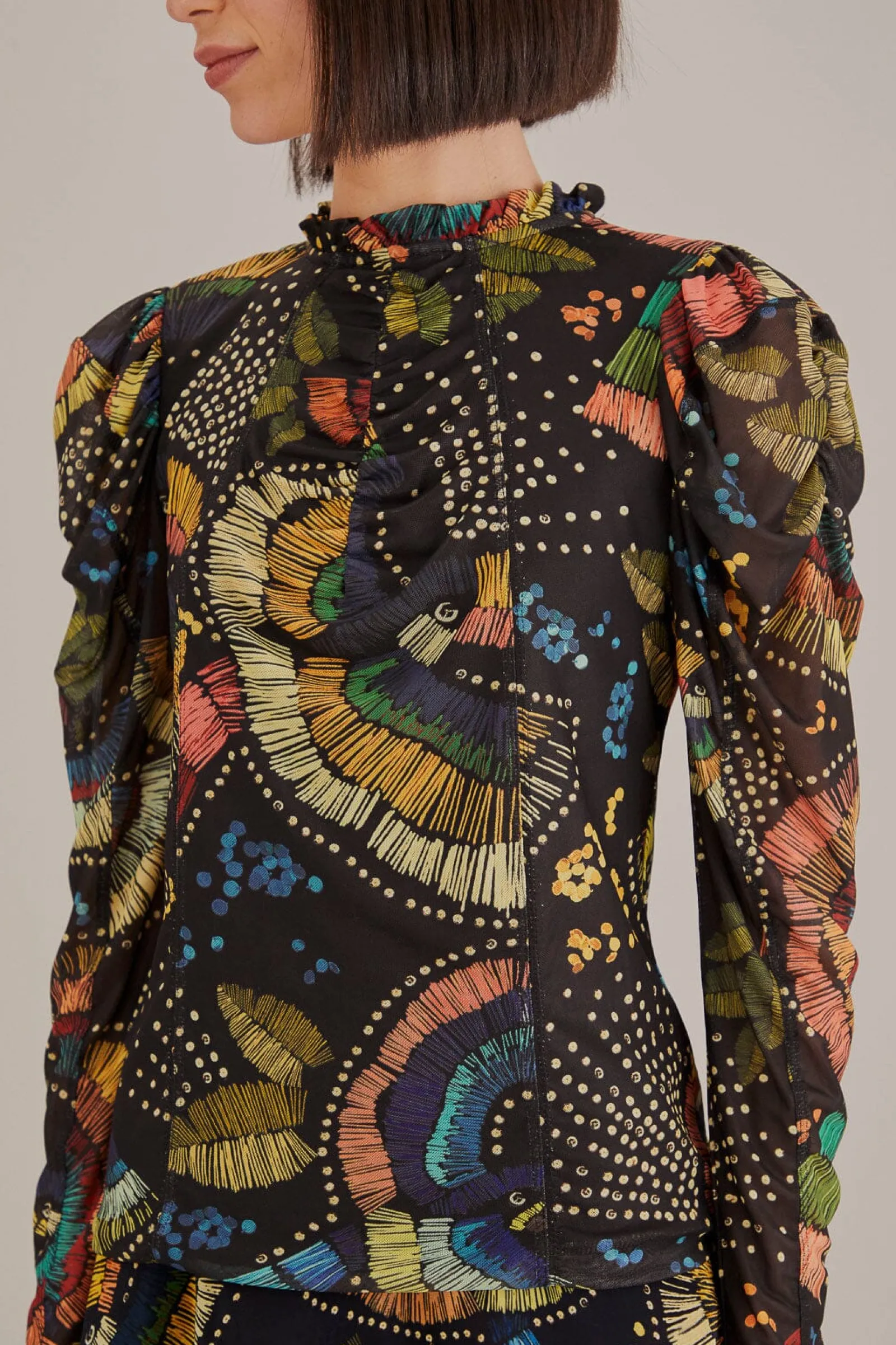 BLACK COLORFUL BIRDS TULLE BLOUSE