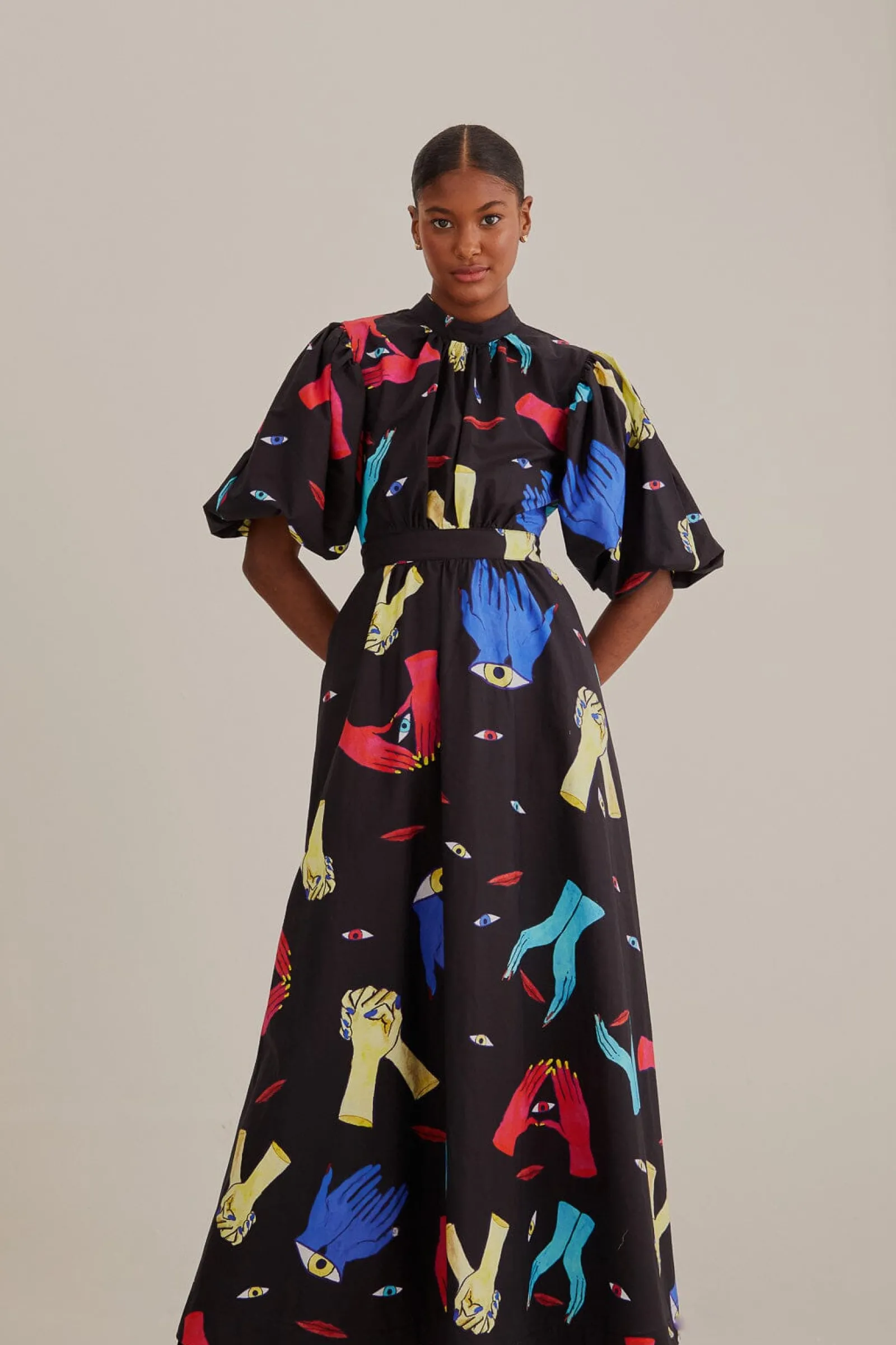  BLACK COLORFUL TOGETHER SHORT SLEEVE MIDI DRESS