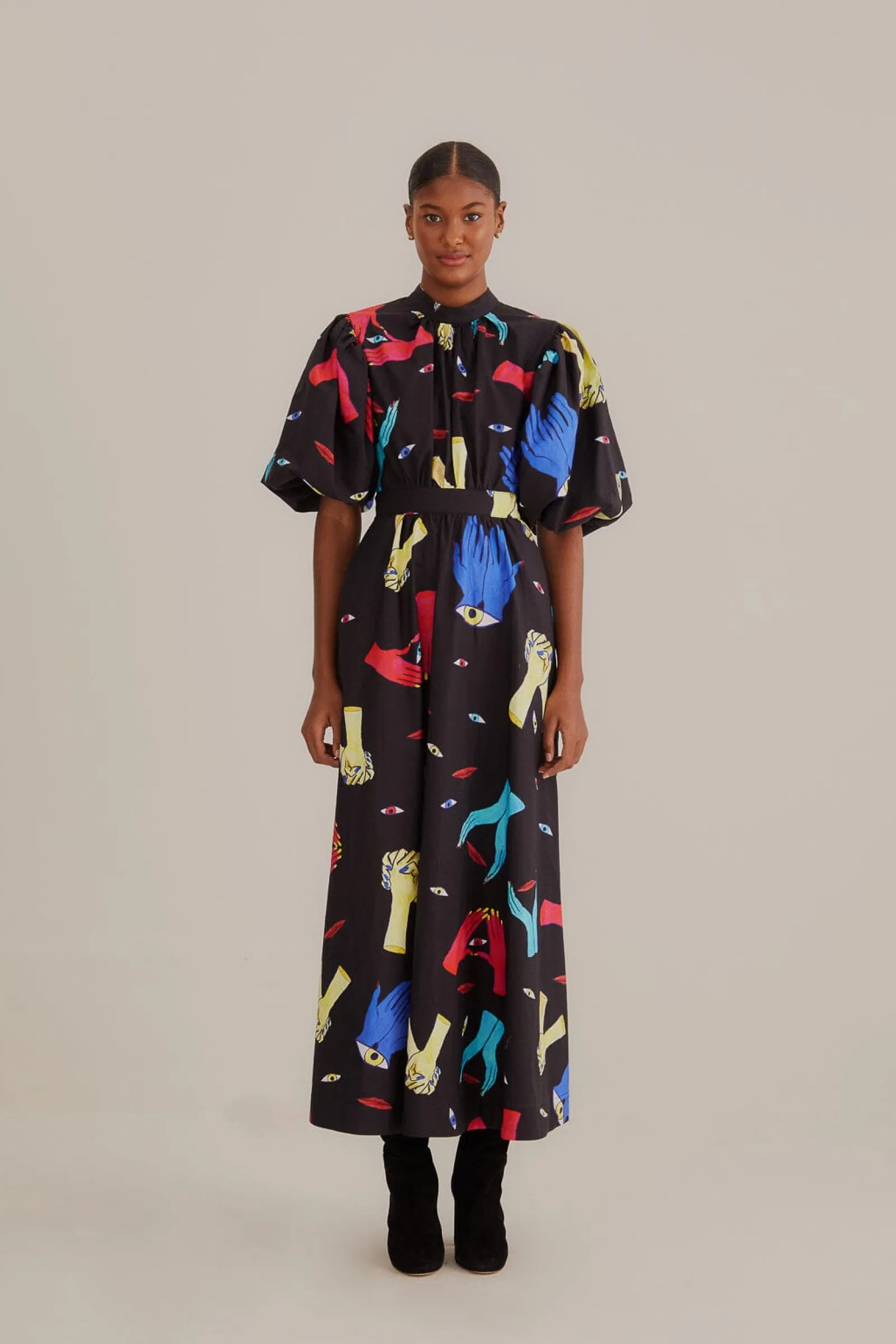  BLACK COLORFUL TOGETHER SHORT SLEEVE MIDI DRESS