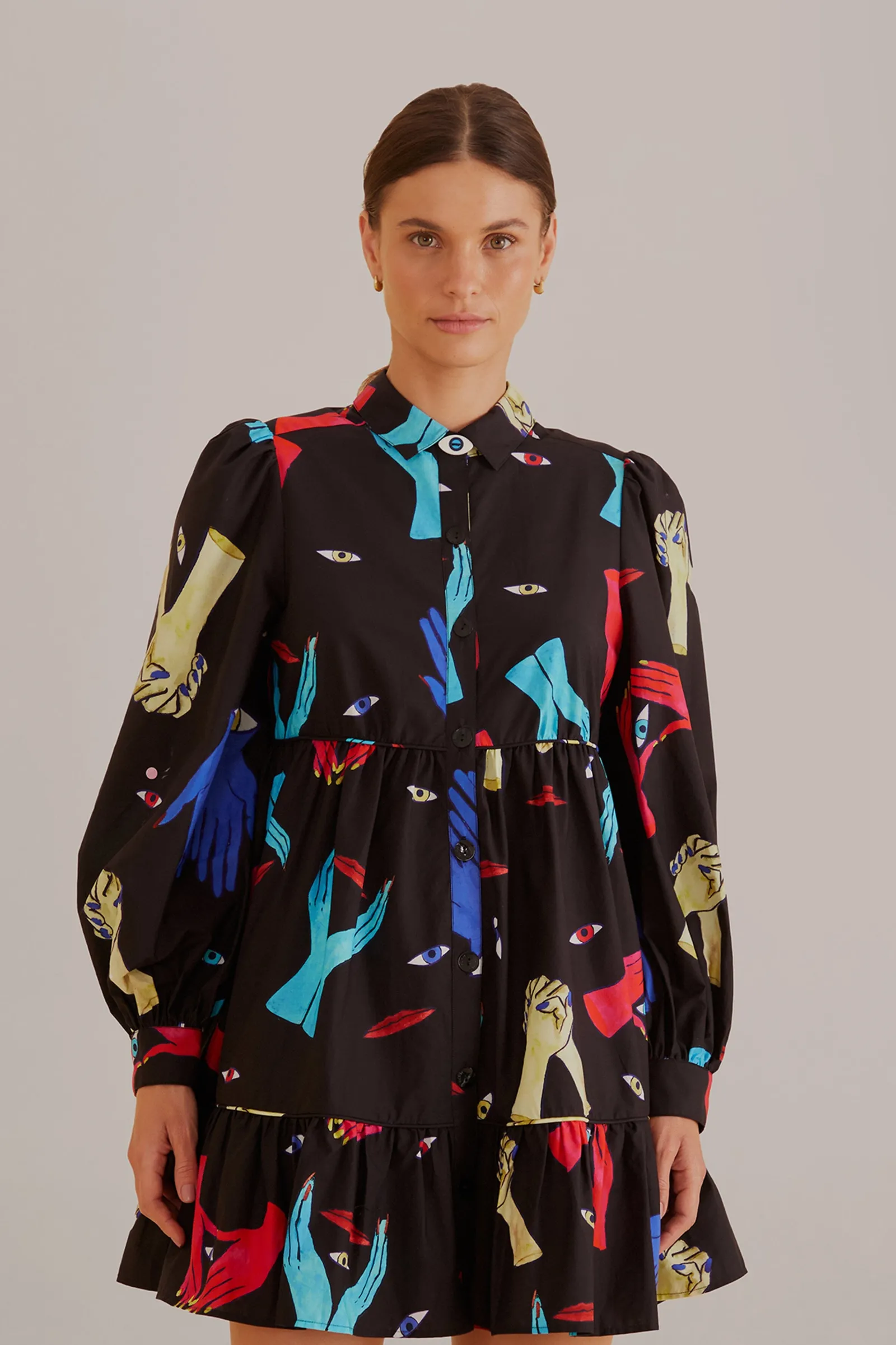 BLACK COLORFUL TOGETHER LONG SLEEVE MINI DRESS