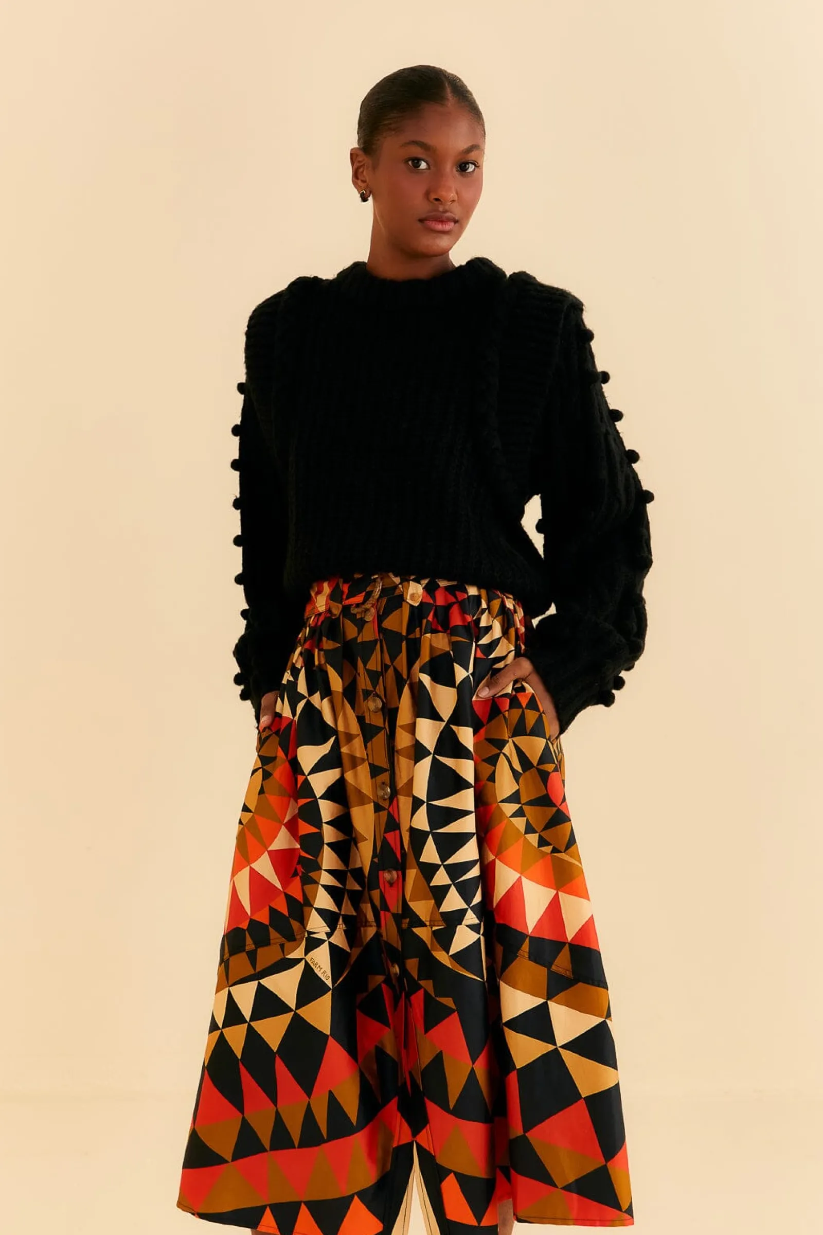  BLACK HEART DECO BUTTON DOWN MIDI SKIRT