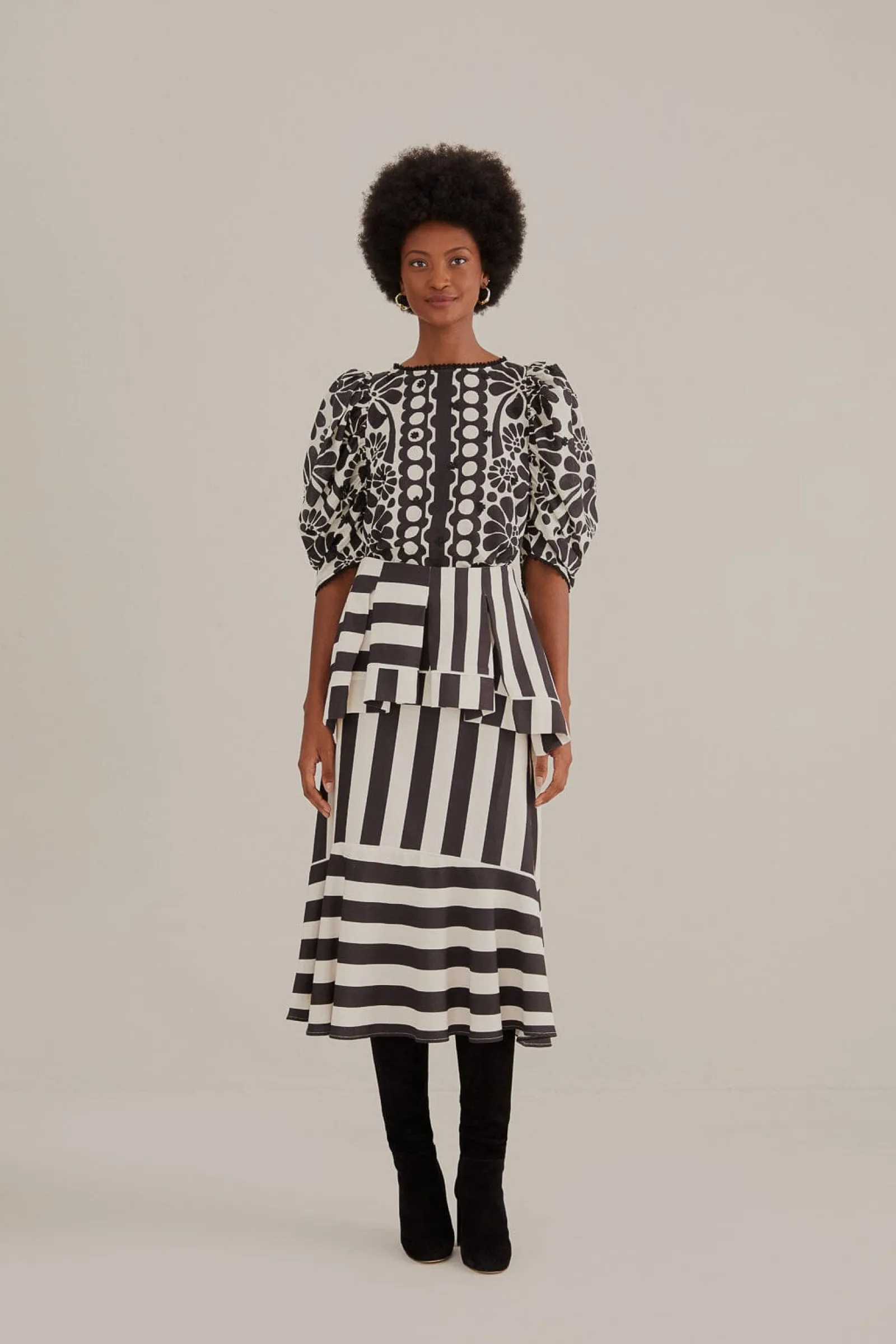  BLACK MIXED STRIPES MIDI SKIRT