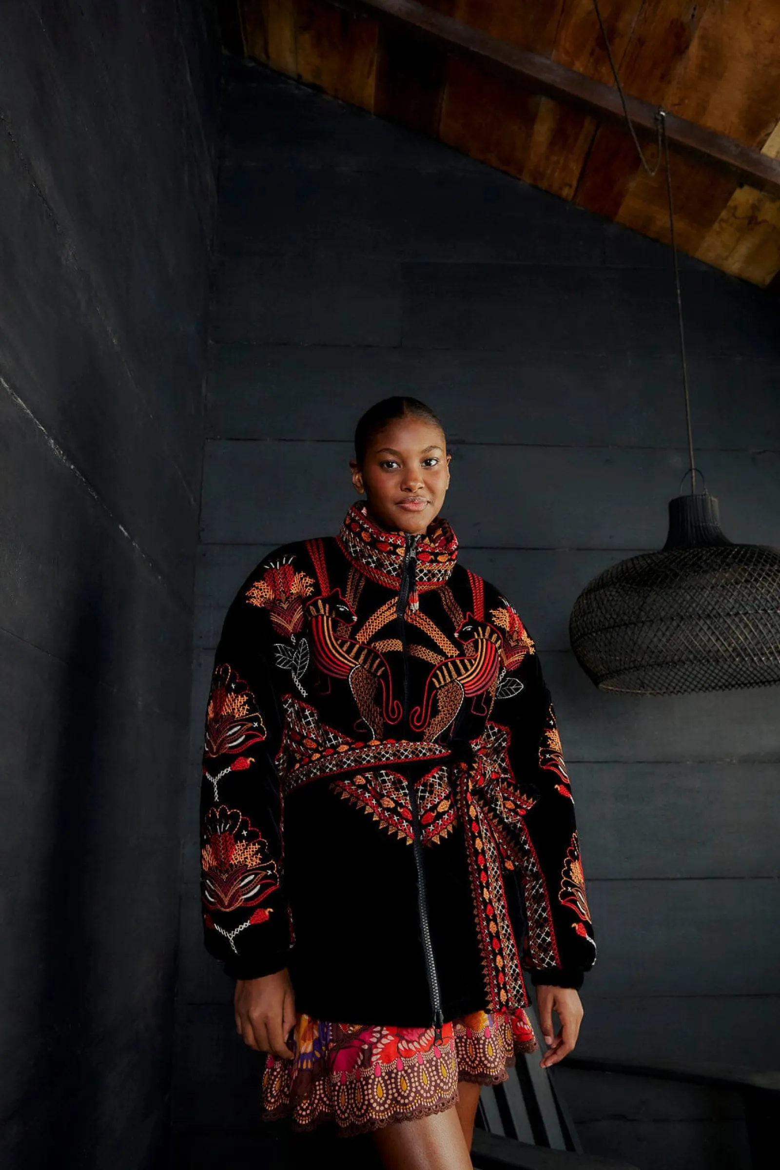 BLACK NATURE BEAUTY EMBROIDERED PUFFER JACKET