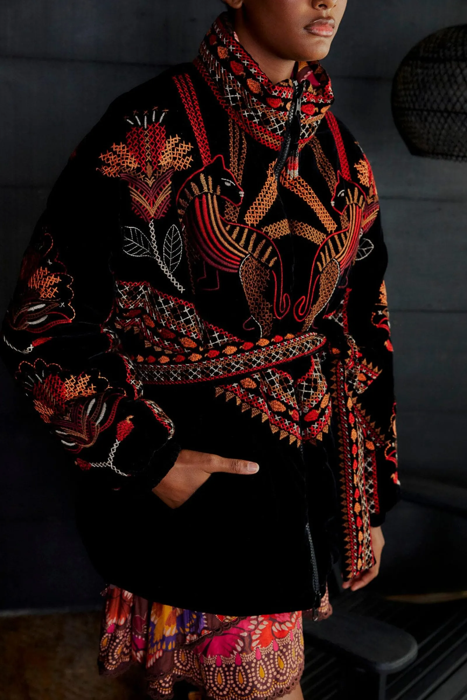 BLACK NATURE BEAUTY EMBROIDERED PUFFER JACKET