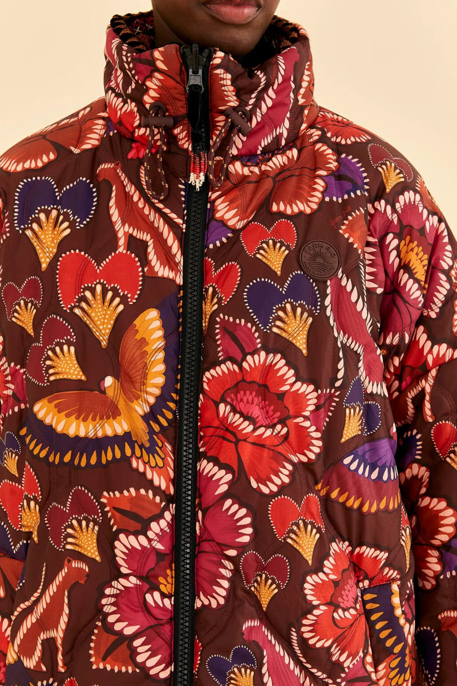 BLACK NATURE BEAUTY EMBROIDERED PUFFER JACKET