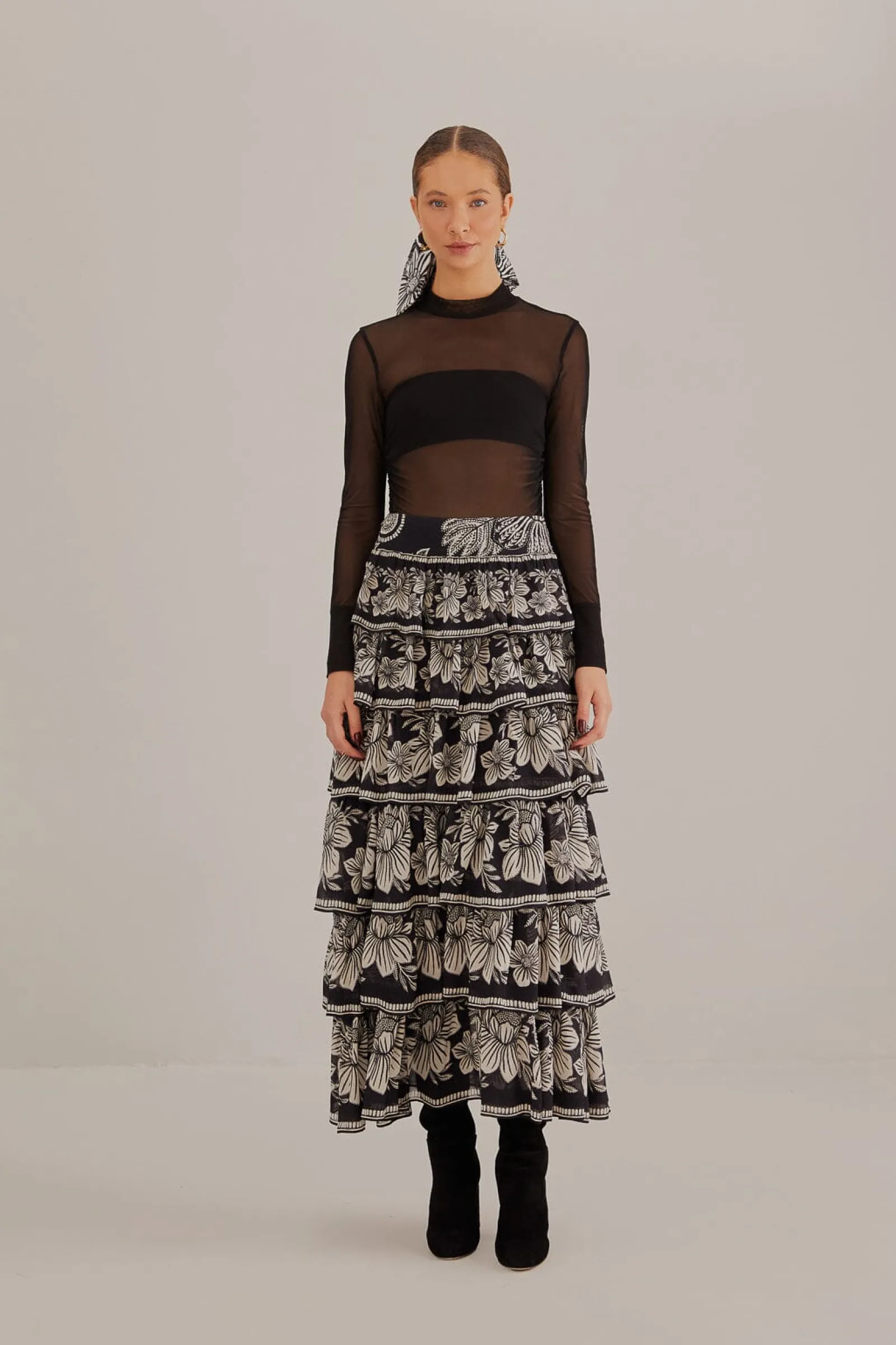  BLACK PAISLEY BLOOM TIERED SKIRT