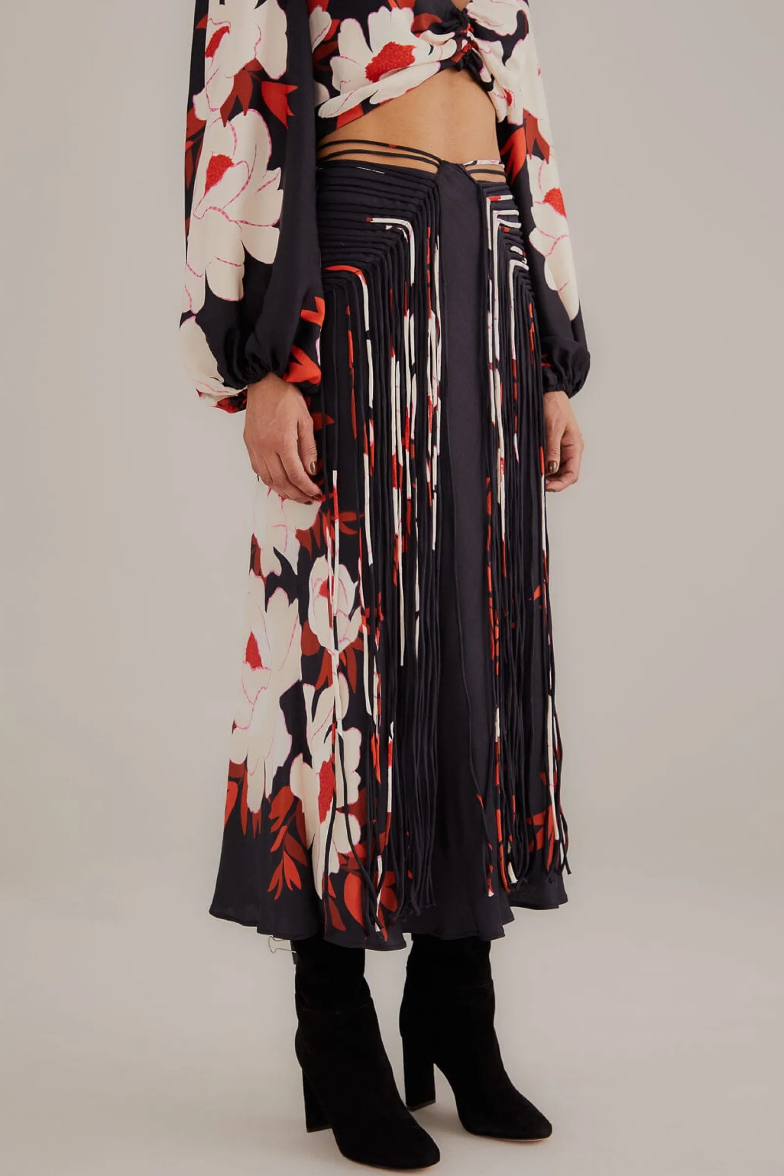 BLACK PEONY FRINGE MIDI SKIRT