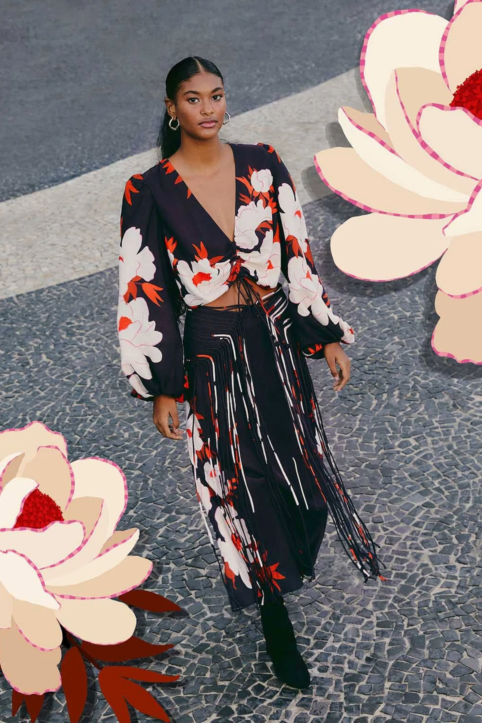 BLACK PEONY FRINGE MIDI SKIRT