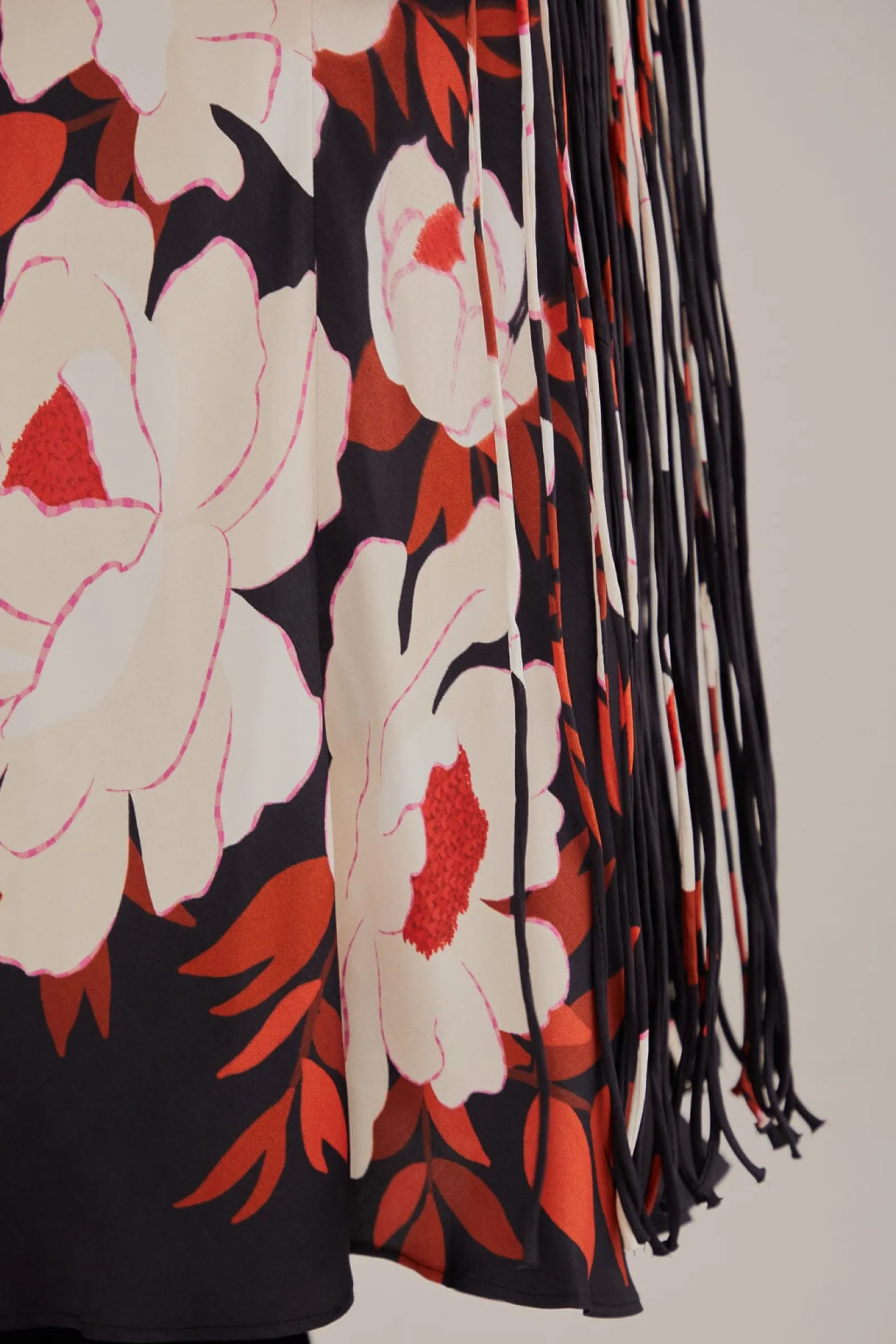 BLACK PEONY FRINGE MIDI SKIRT