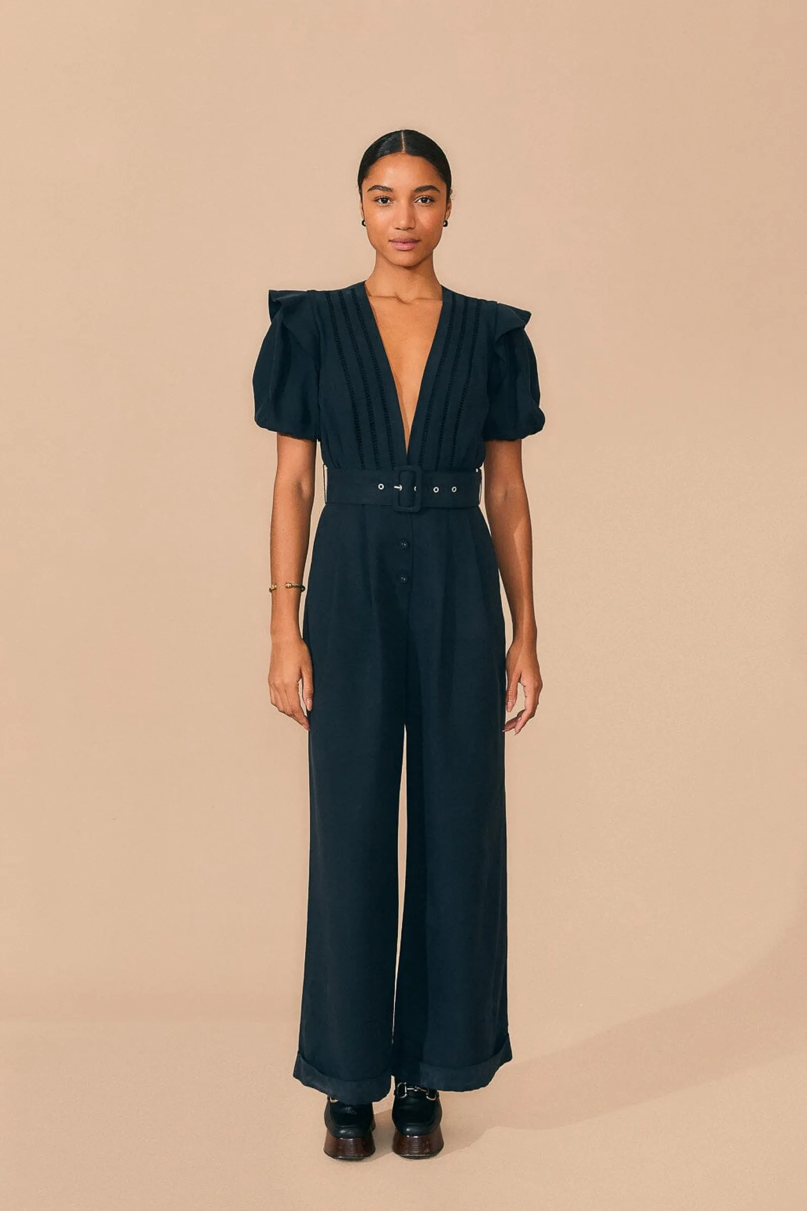  BLACK PLEATED SHORT SLEEVE JUMPSUIT