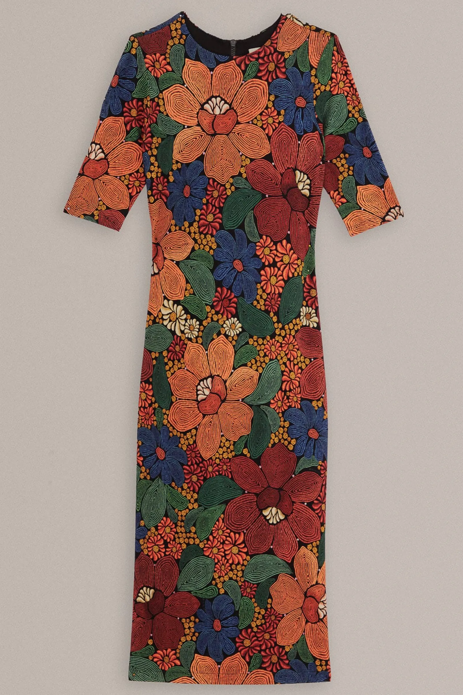 BLACK STITCHED FLOWERS LENZING™ ECOVERO™ VISCOSE MIDI DRESS