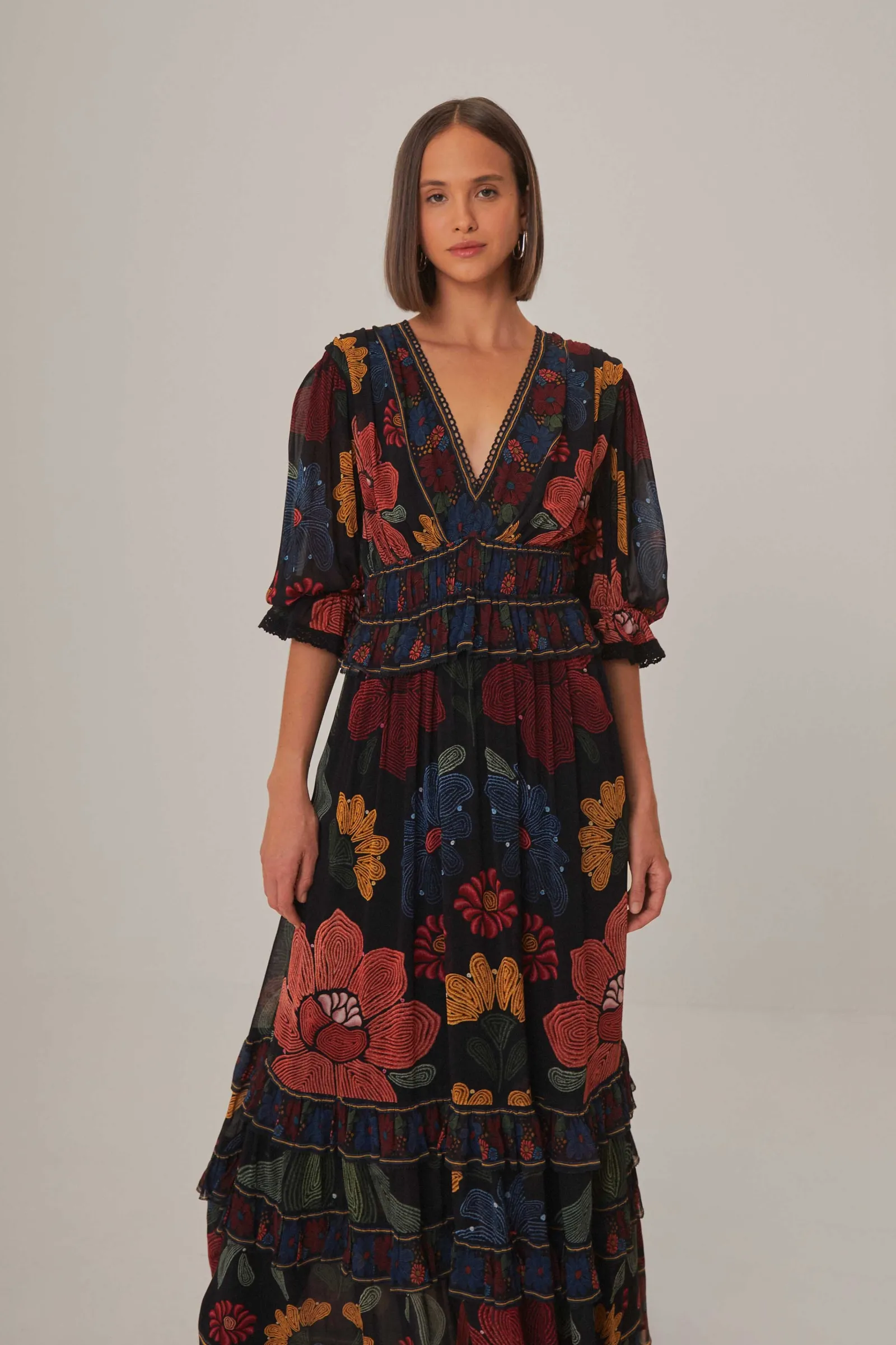  BLACK STITCHED GARDEN SHORT SLEEVE MAXI DRESS