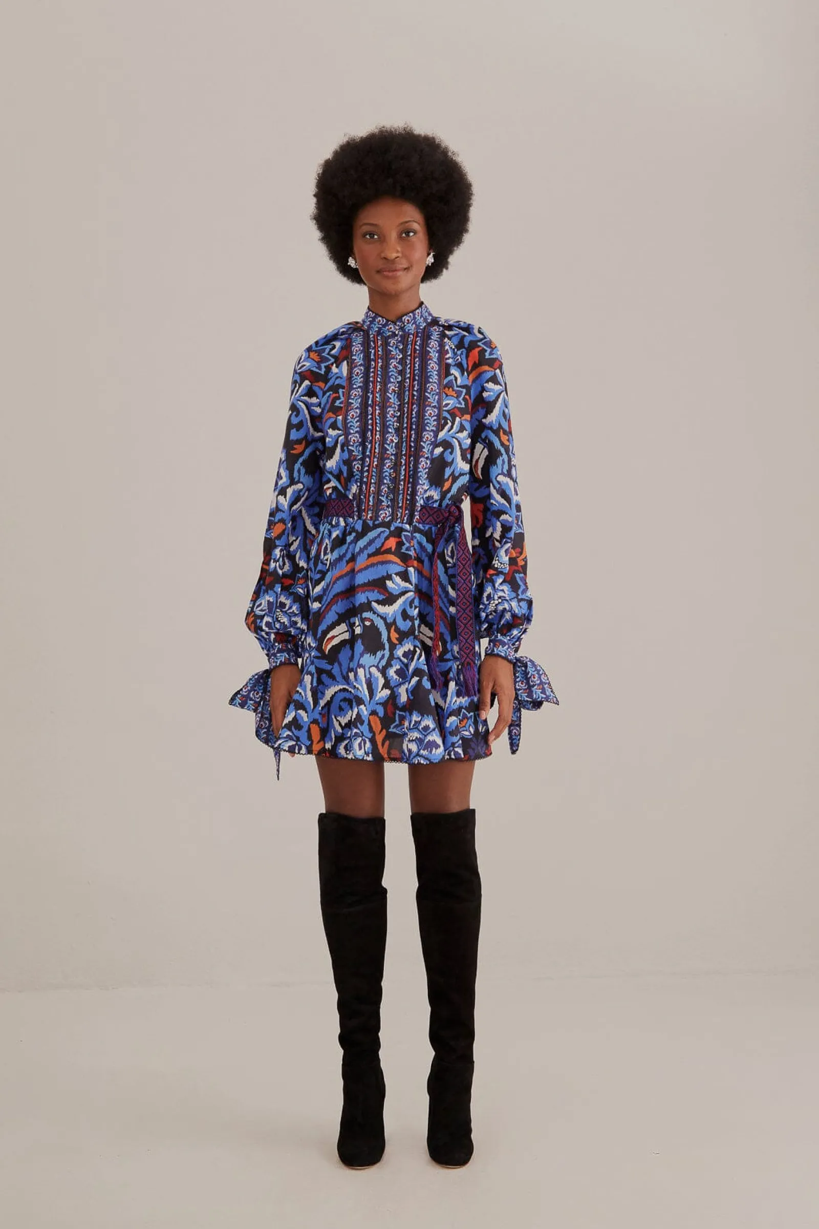 BLACK TOUCANS SCARF LONG SLEEVE MINI DRESS