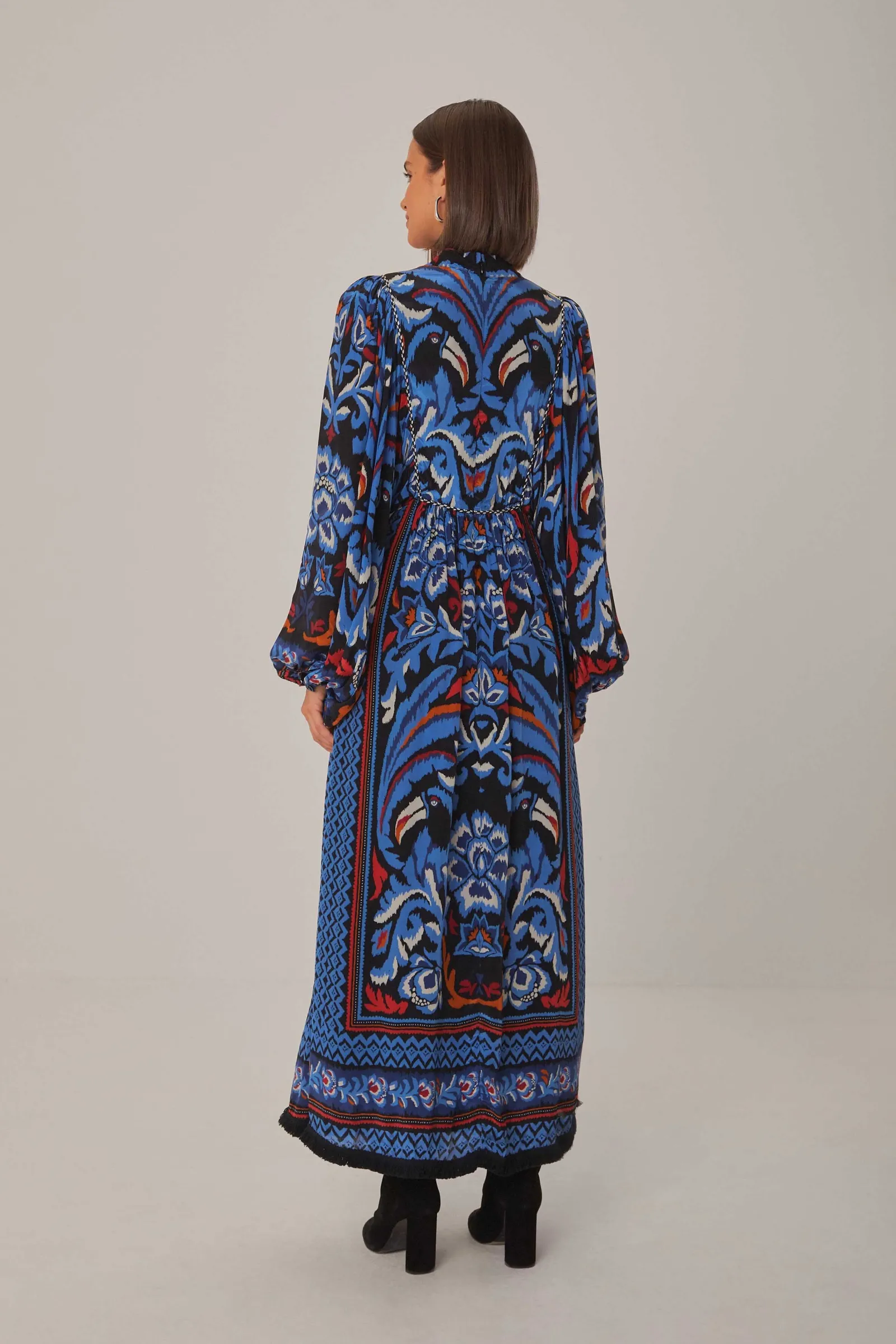 BLACK TOUCANS SCARF LONG SLEEVE MAXI DRESS