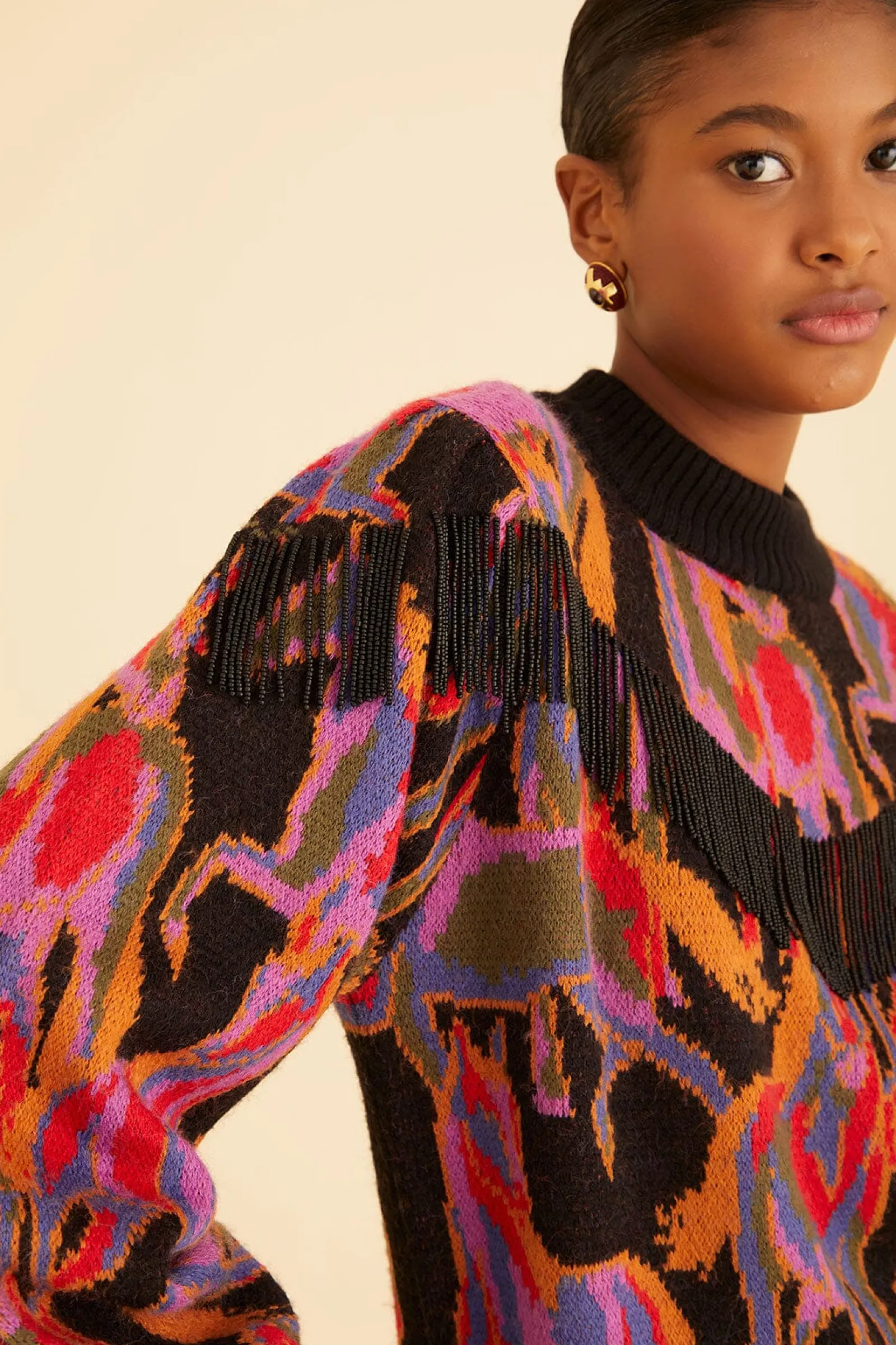 BLACK WILD HORSES FRINGE SWEATER