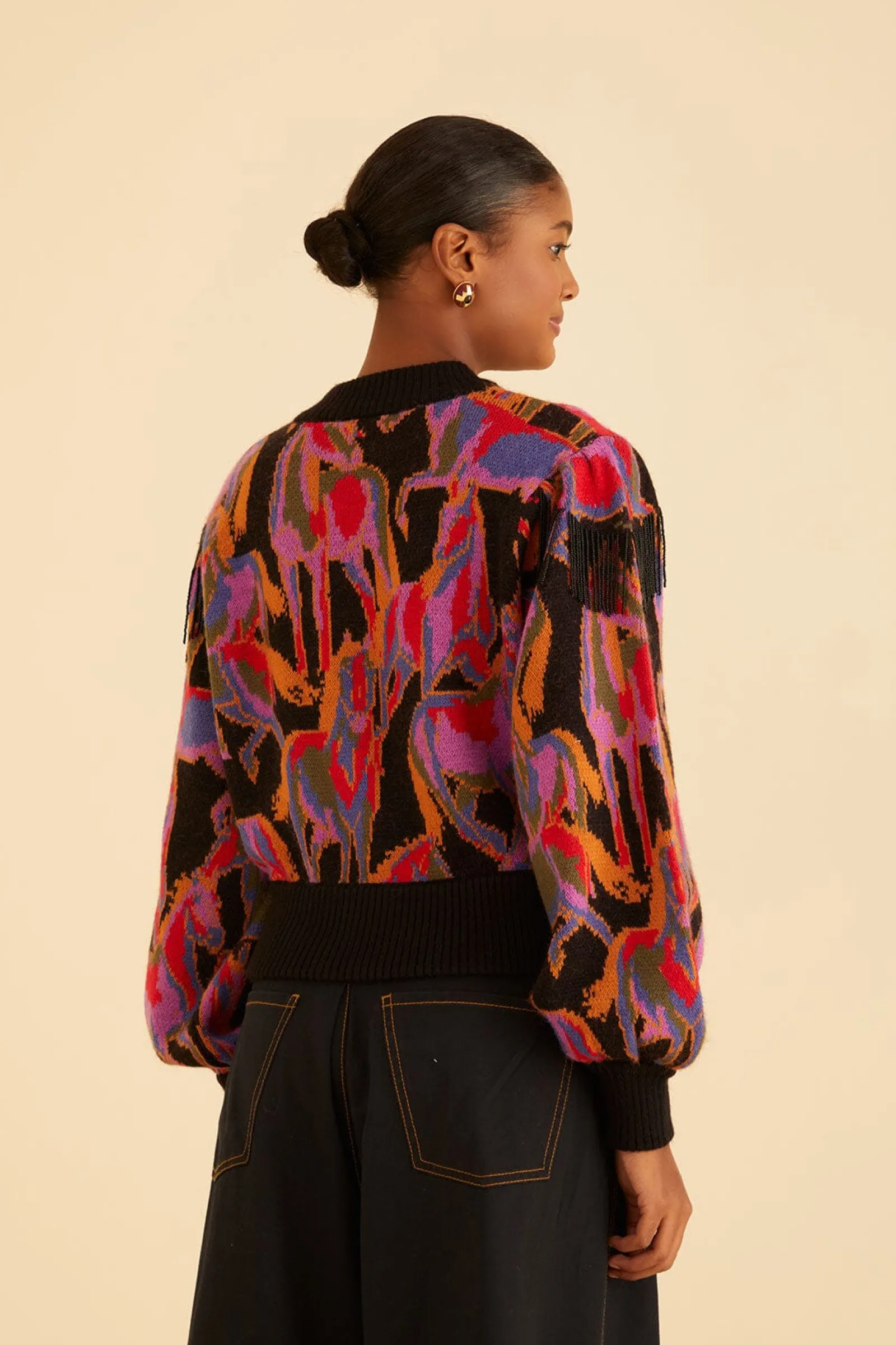BLACK WILD HORSES FRINGE SWEATER