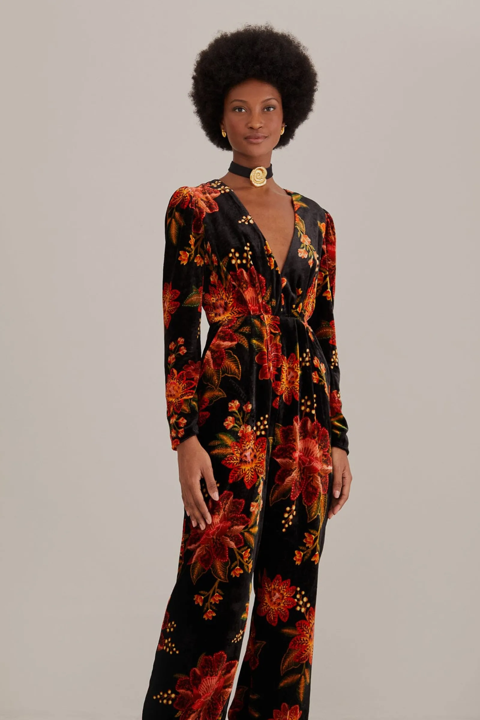 BLACK WINTER BLOOM V NECK JUMPSUIT