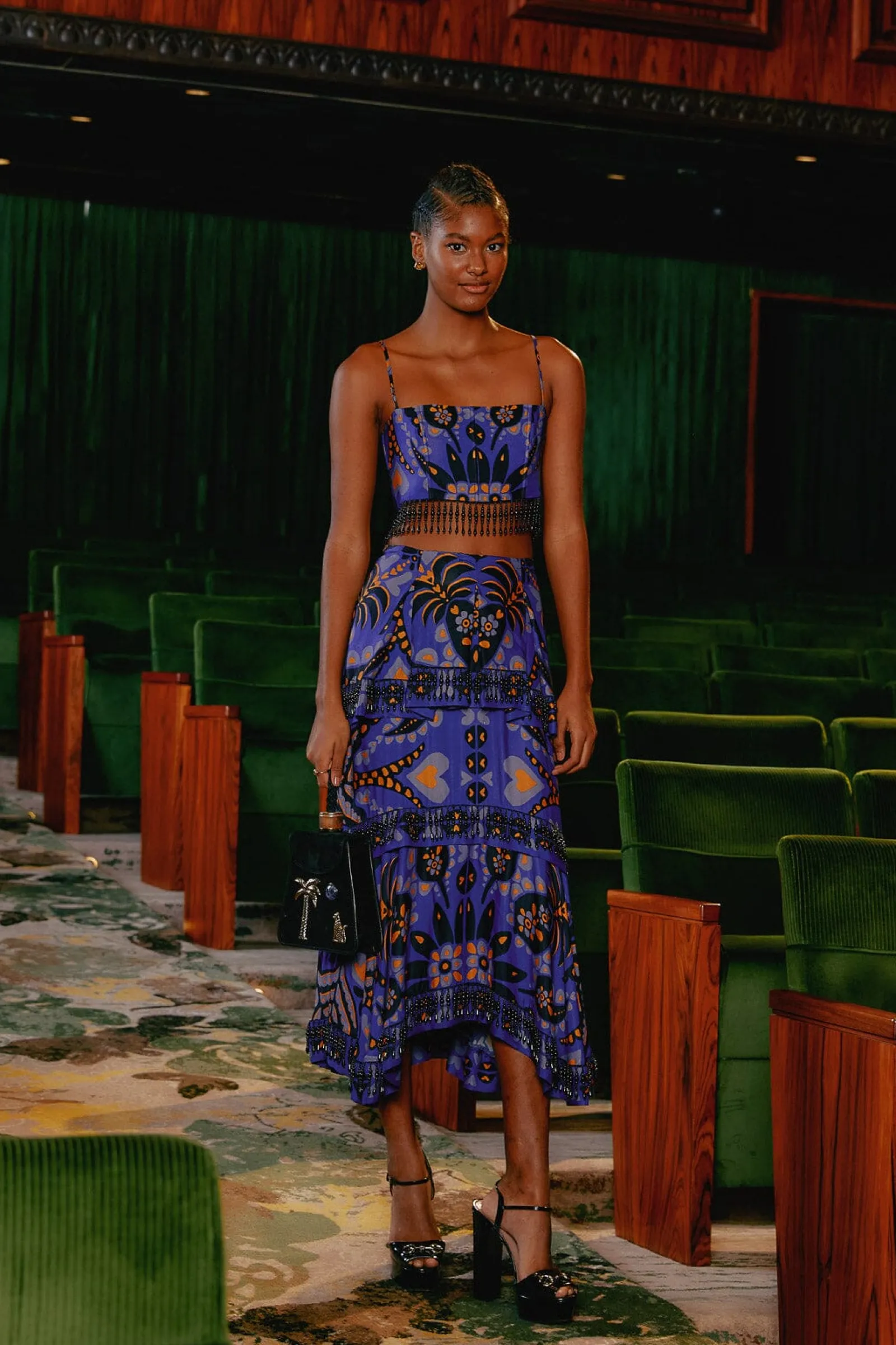  BLUE MARTINA SCARF BEADED MIDI SKIRT