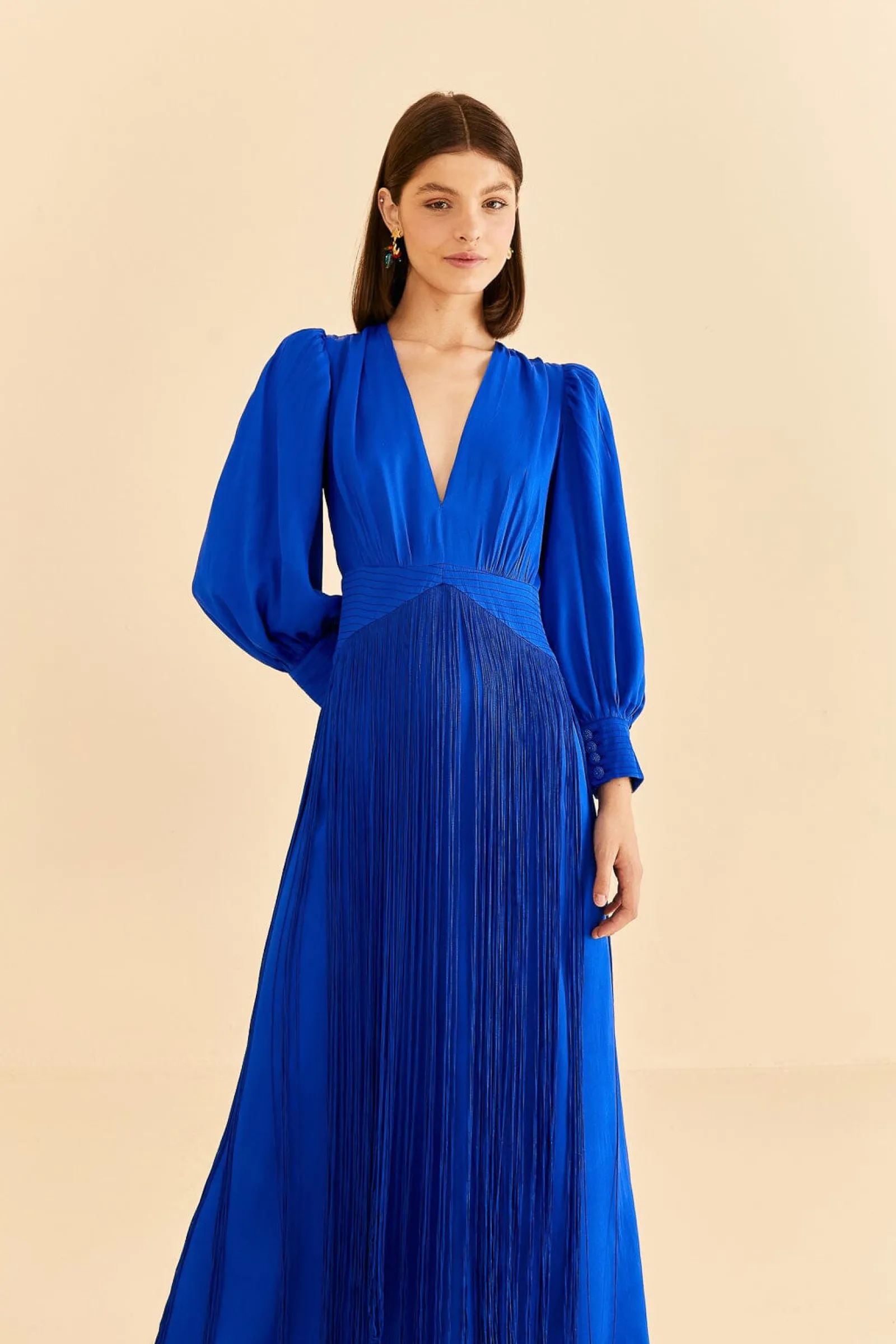 BRIGHT BLUE FRINGES MAXI DRESS