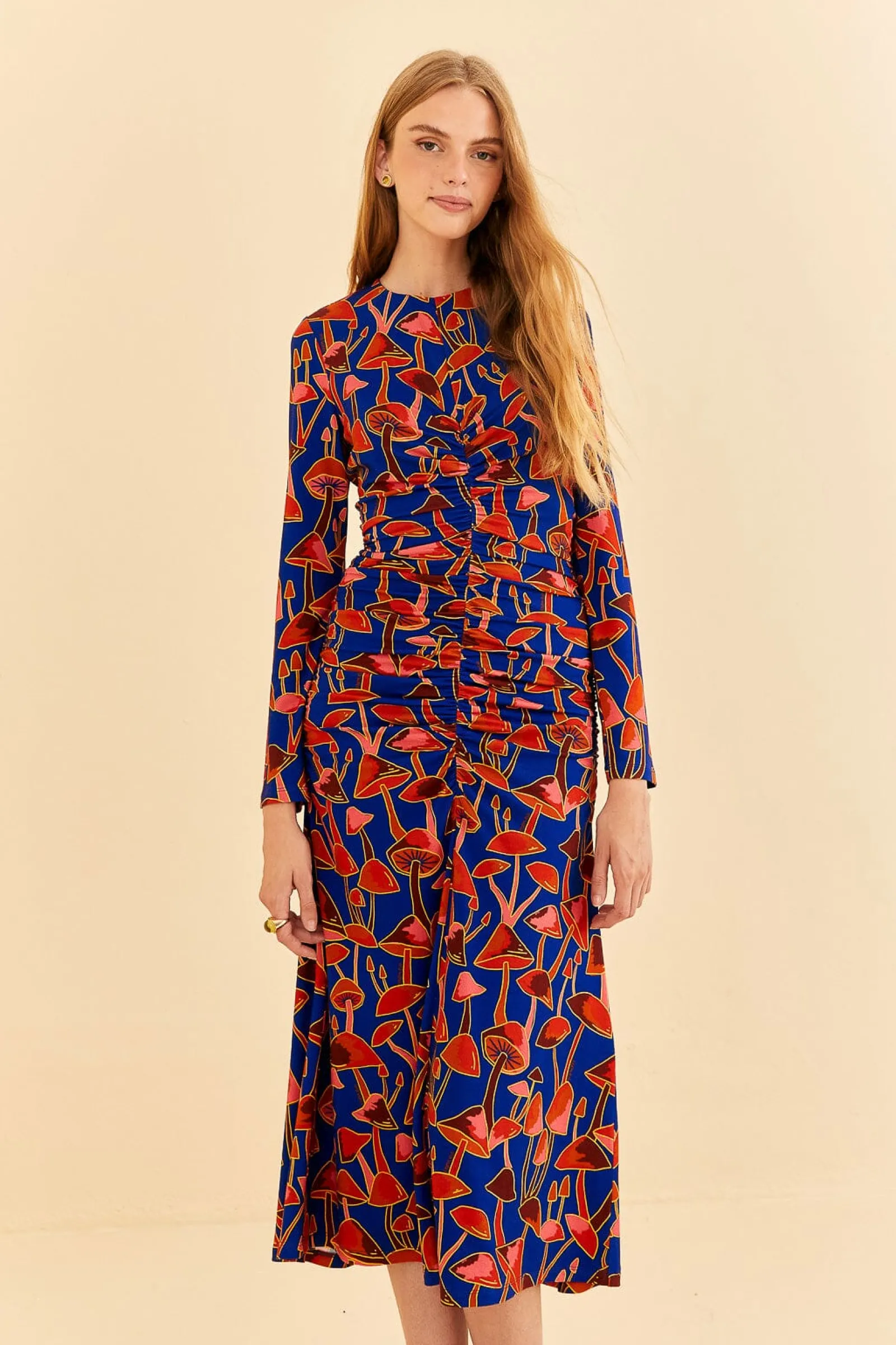 BRIGHT BLUE MUSHROOM SKETCH LENZING™ ECOVERO™ VISCOSE MIDI DRESS