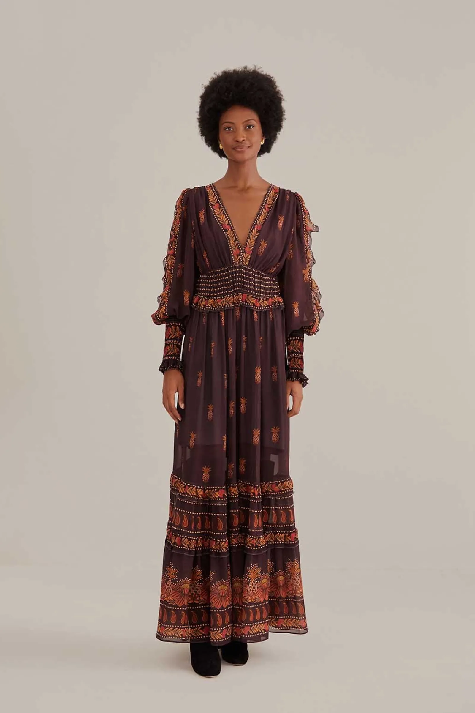  BROWN PAISLEY BLOOM LONG SLEEVE MAXI DRESS
