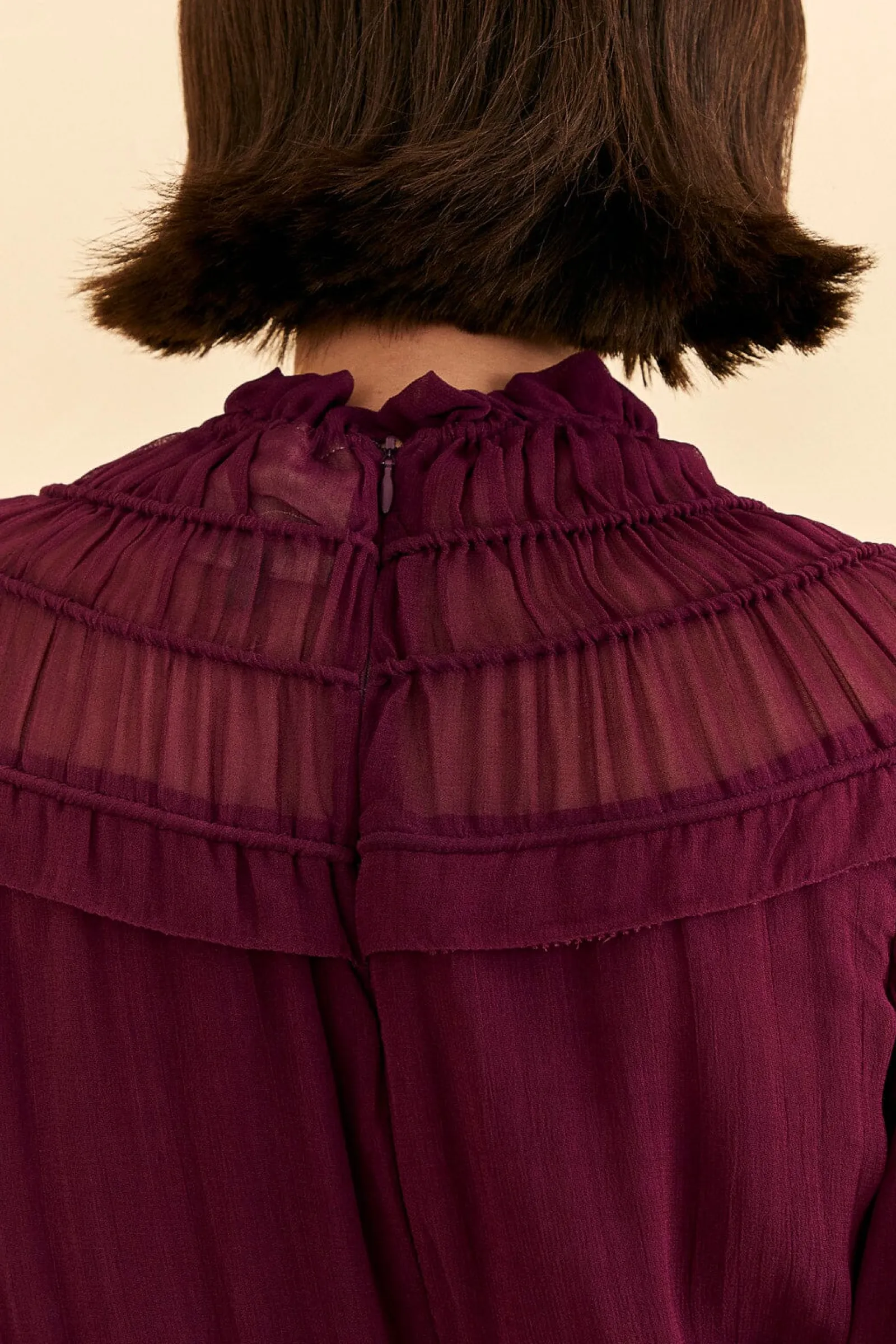 BURGUNDY RUFFLE HIGH NECK BLOUSE