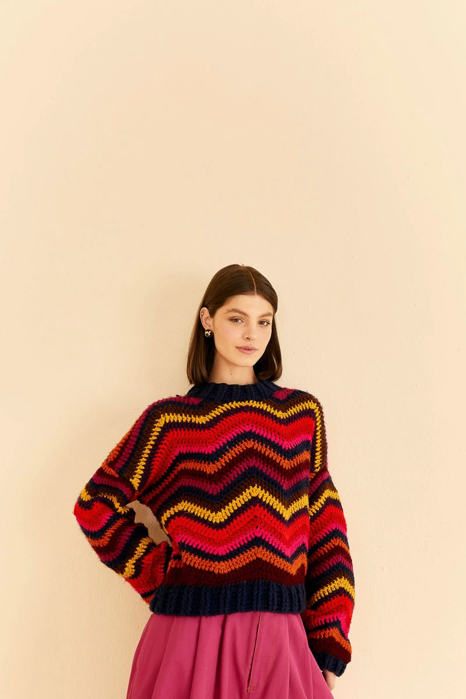  COLORFUL WAVES CROCHET HIGH NECK SWEATER