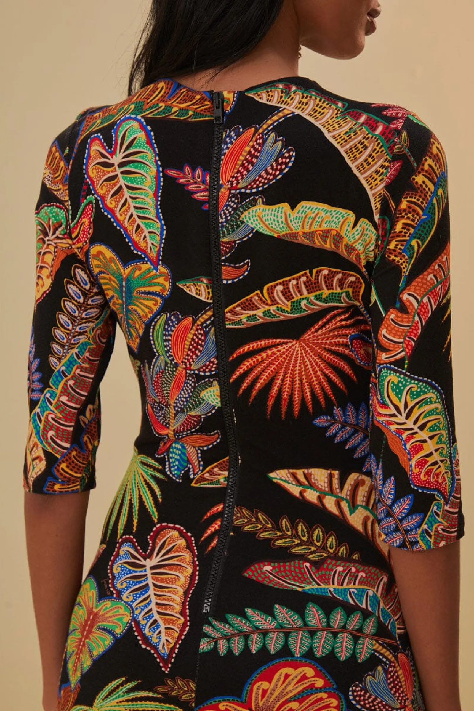 COOL FOLIAGE BLACK JERSEY MIDI DRESS